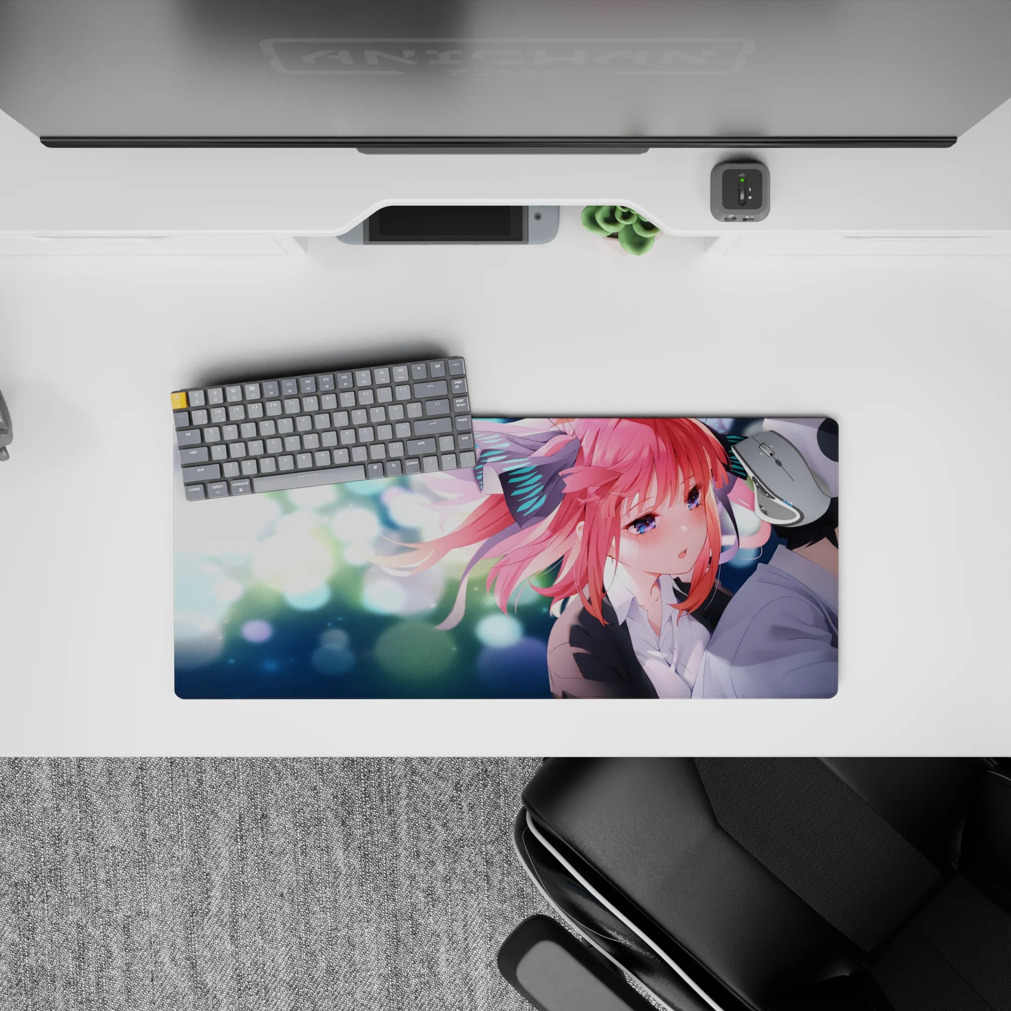 28x12 inches anime girl desk mouse pad in teal and white sparkles, soft romance vibe with cozy pastel tones.