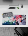 28x12 inches anime girl desk mouse pad in teal and white sparkles, soft romance vibe with cozy pastel tones.