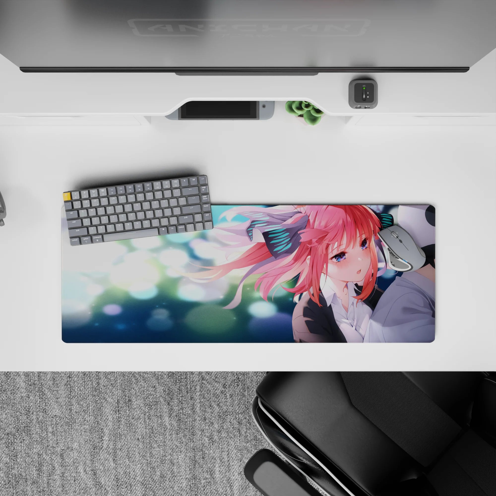 32x12 inches anime girl mouse pad in soft romance tones, teal-white festival sparkles, glossy blue eyes.