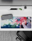 32x12 inches anime girl mouse pad in soft romance tones, teal-white festival sparkles, glossy blue eyes.