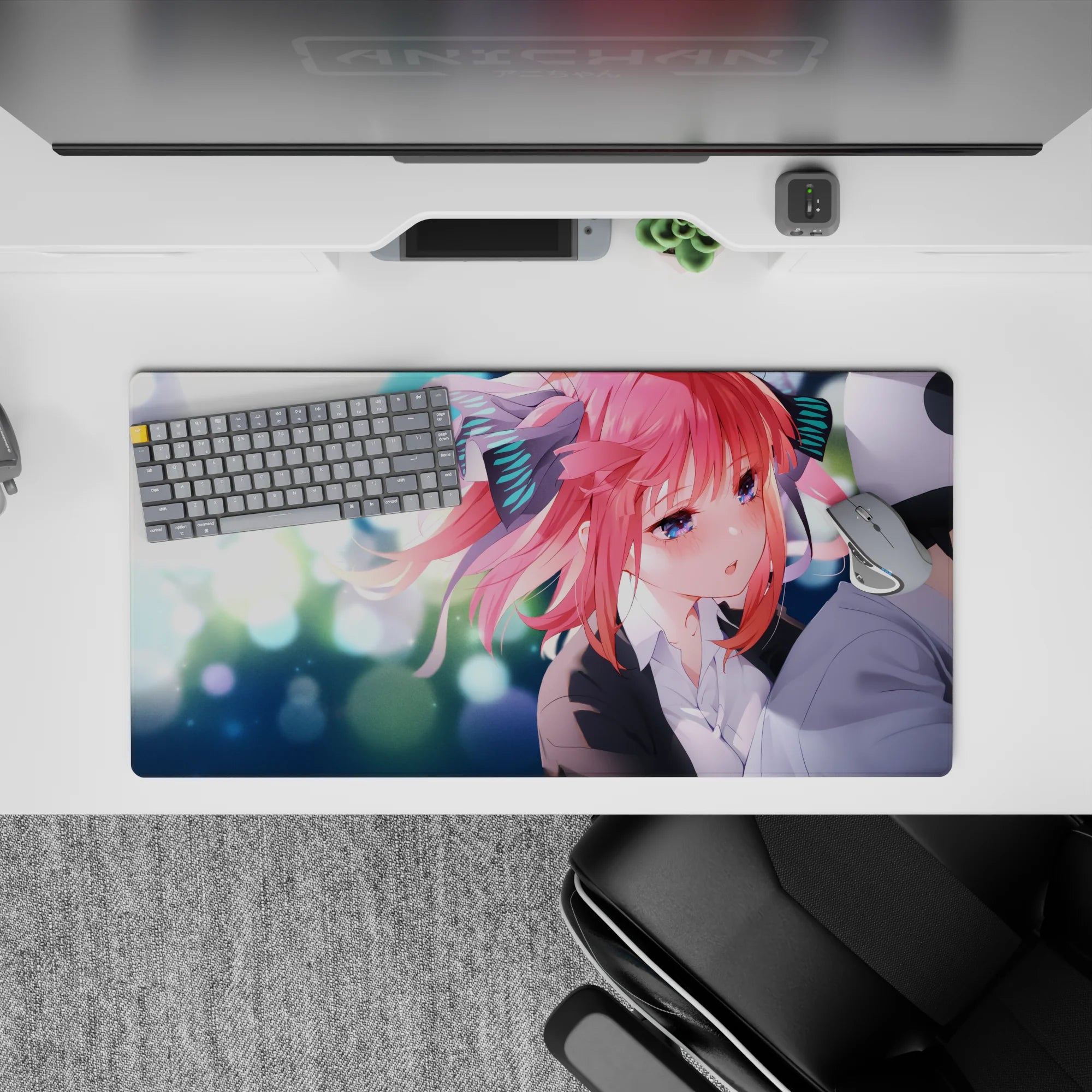 32x16 inches anime desk mouse pad in pastel pink, teal and white sparkles, soft romantic vibe.