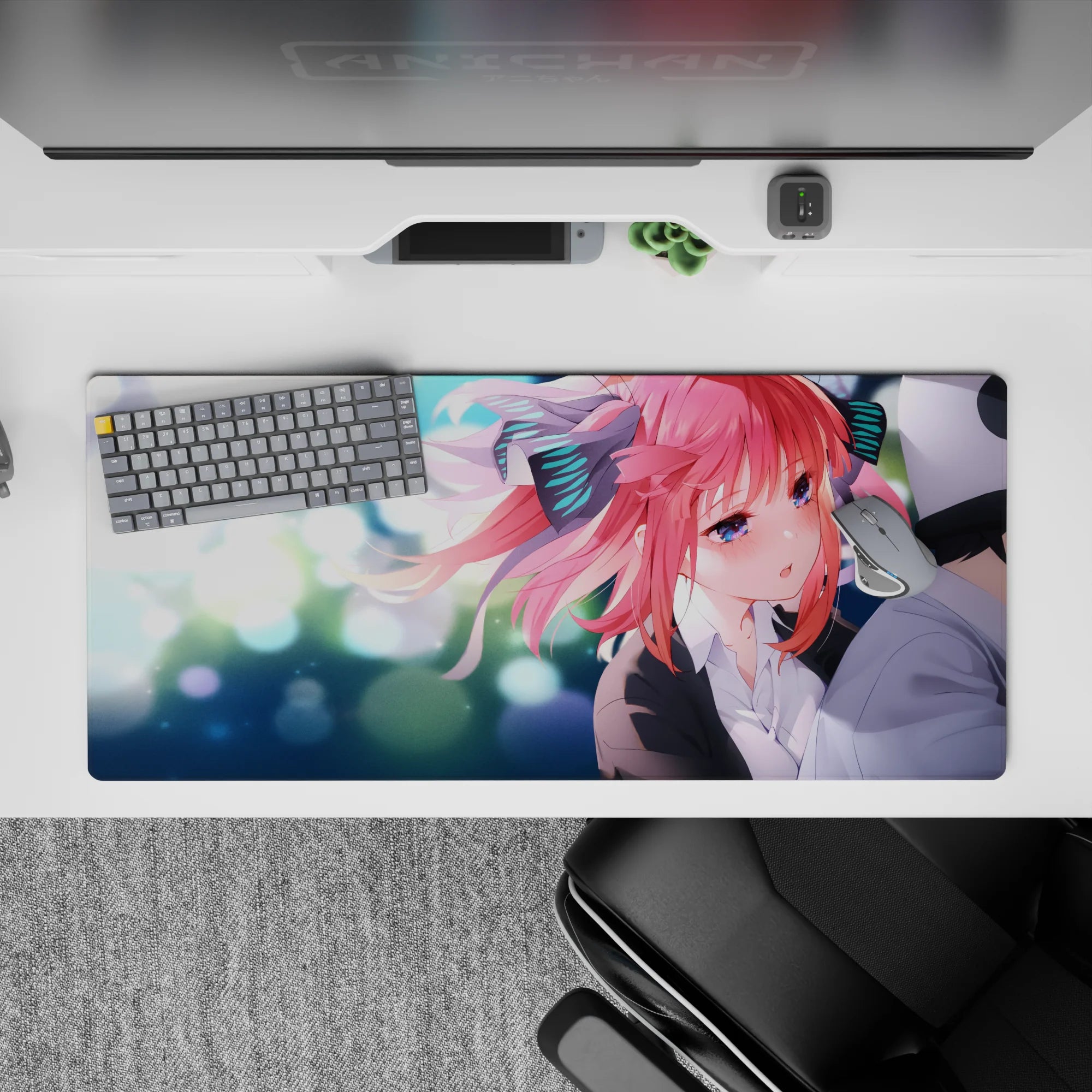 Pastel romance desk pad 36x16 inches in pink, teal, and white with dreamy bokeh sparkles.