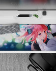Pastel romance desk pad 36x16 inches in pink, teal, and white with dreamy bokeh sparkles.