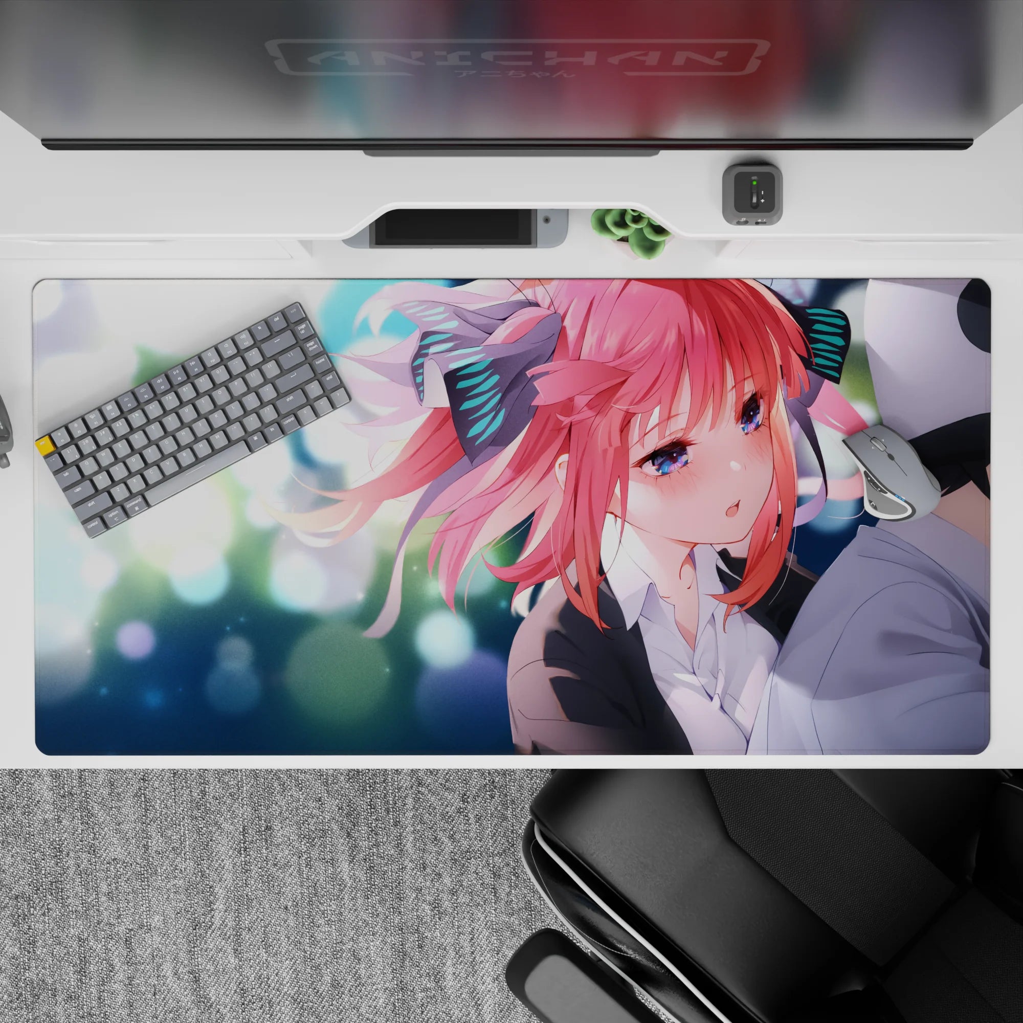 40x20 inches kawaii anime desk pad in pink, teal, and white sparkles with a soft romantic festival glow.