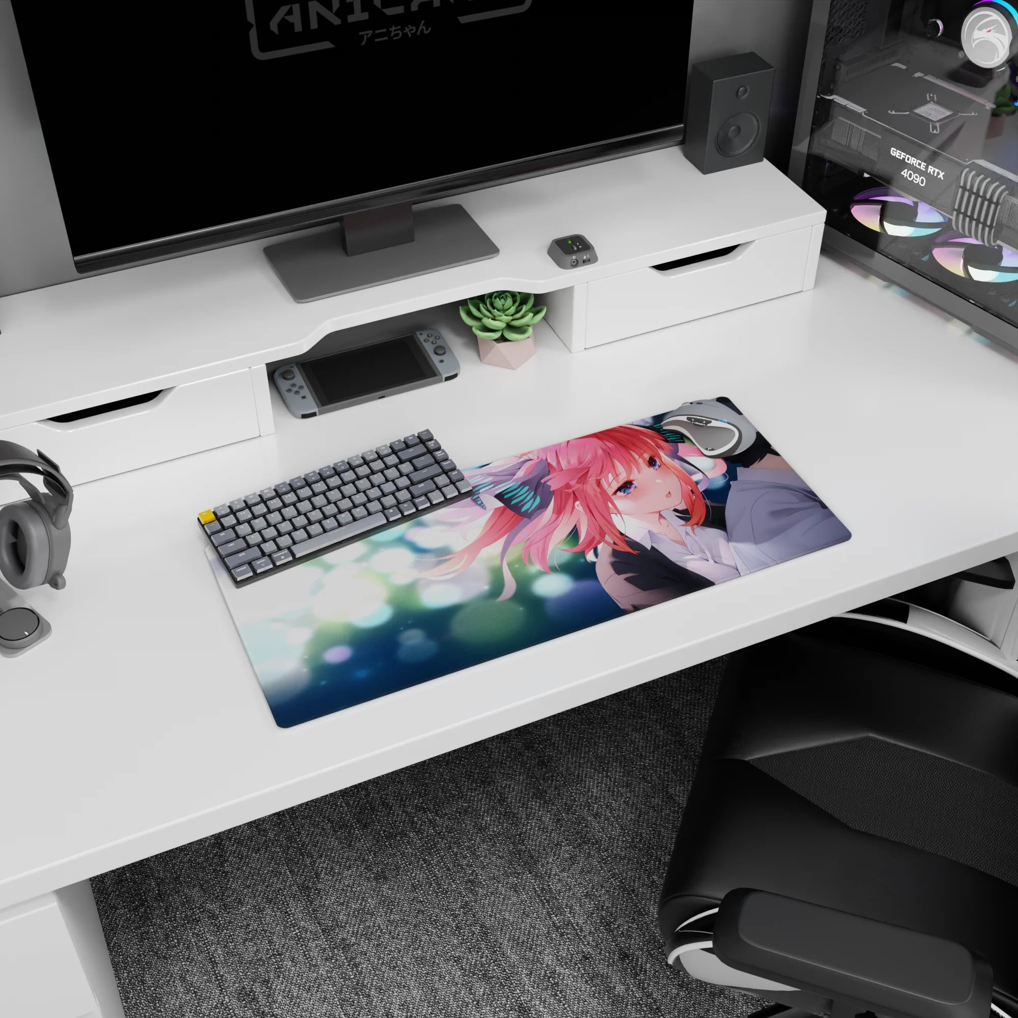 28x12 inches anime girl mouse pad featuring shy pink-haired girl with big ribbons and festival-like bokeh lights.