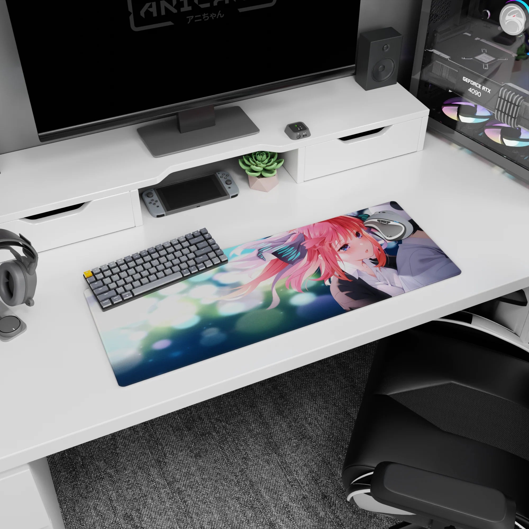 32x12 inches anime girl mouse pad showing shy pink-haired girl up close, big ribbons, bokeh lights behind.