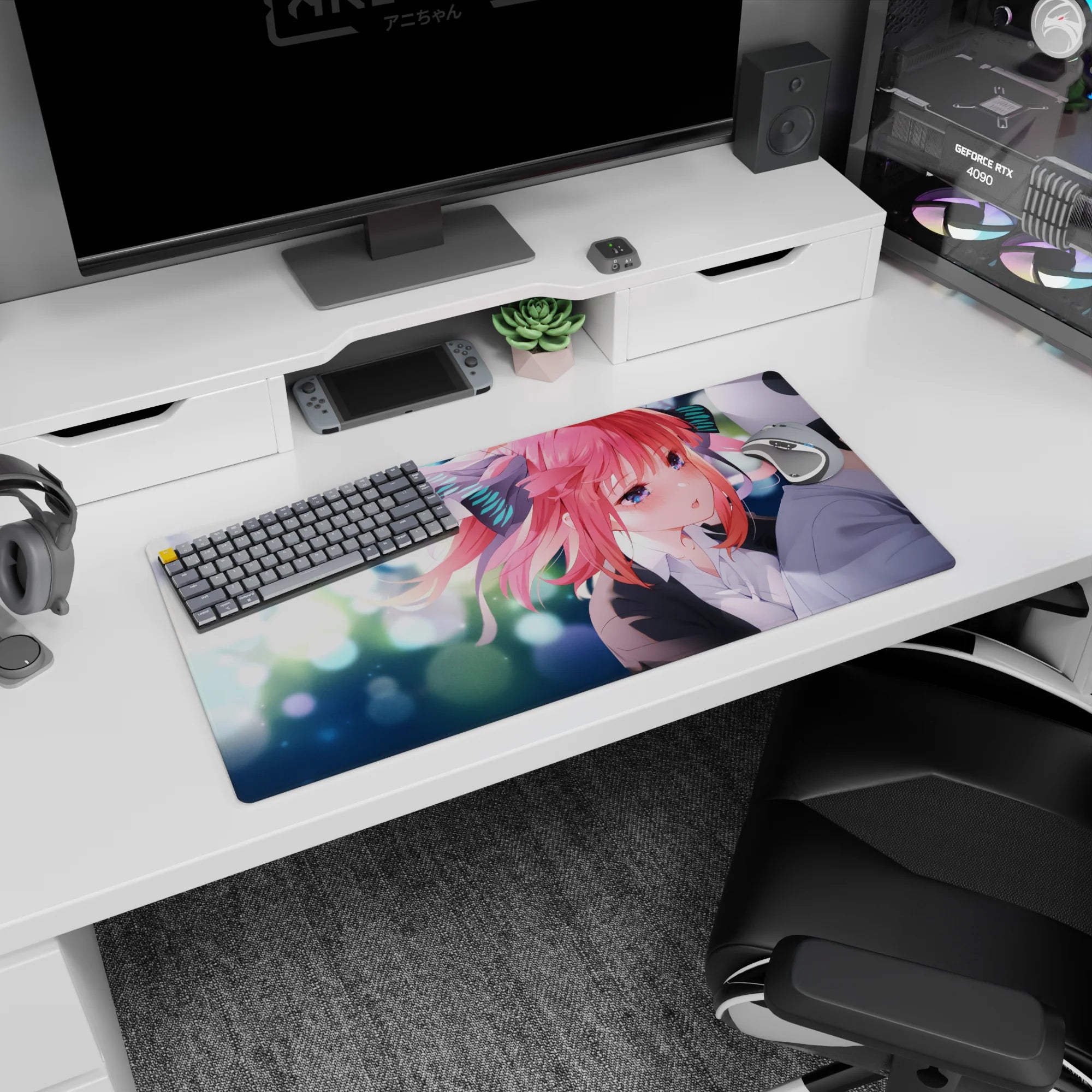 32x16 inches extended mouse pad showing shy pink-haired anime girl close-up under dreamy festival lights.