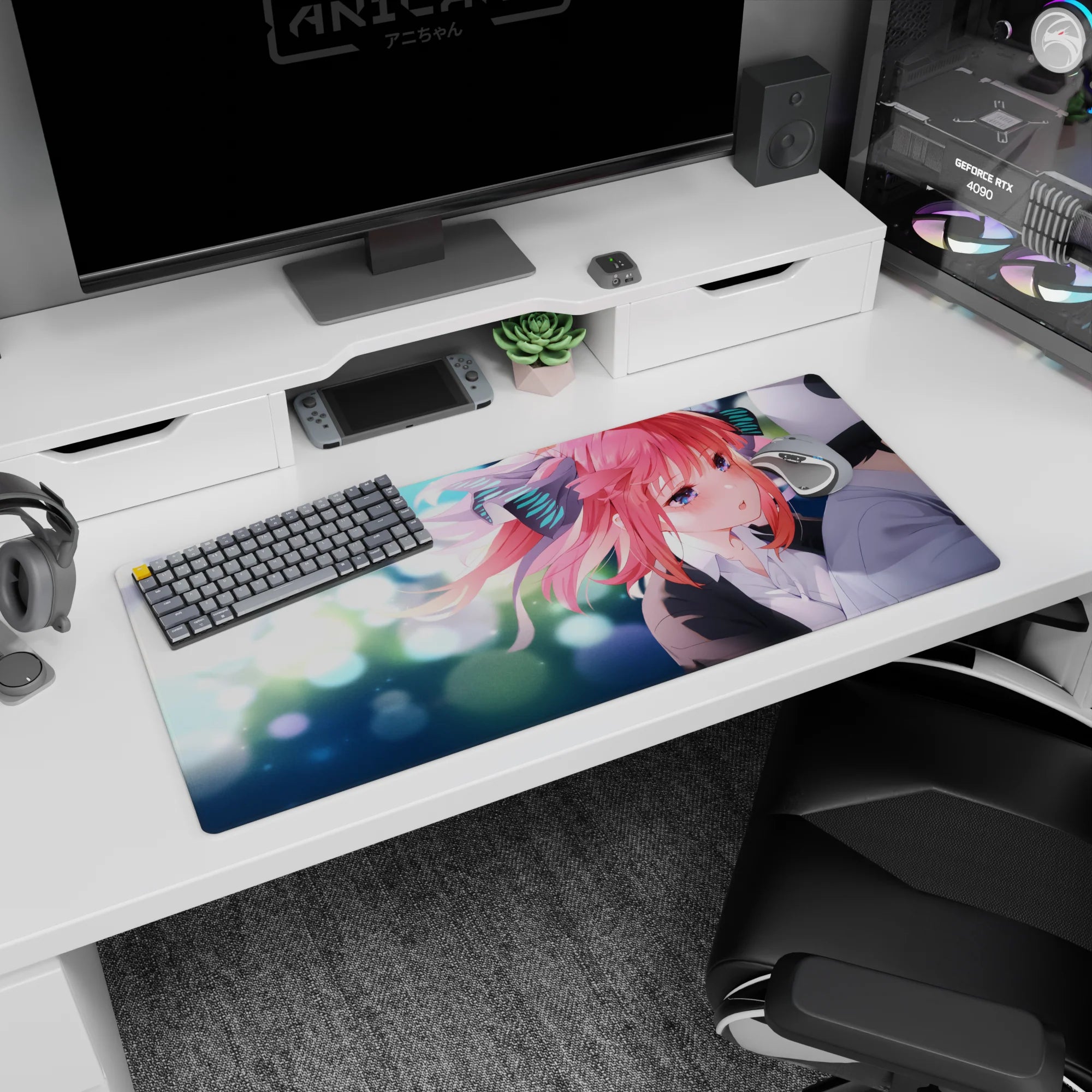 Shy anime girl scene desk pad 36x16 inches, soft close-up portrait with ribboned pink hair.