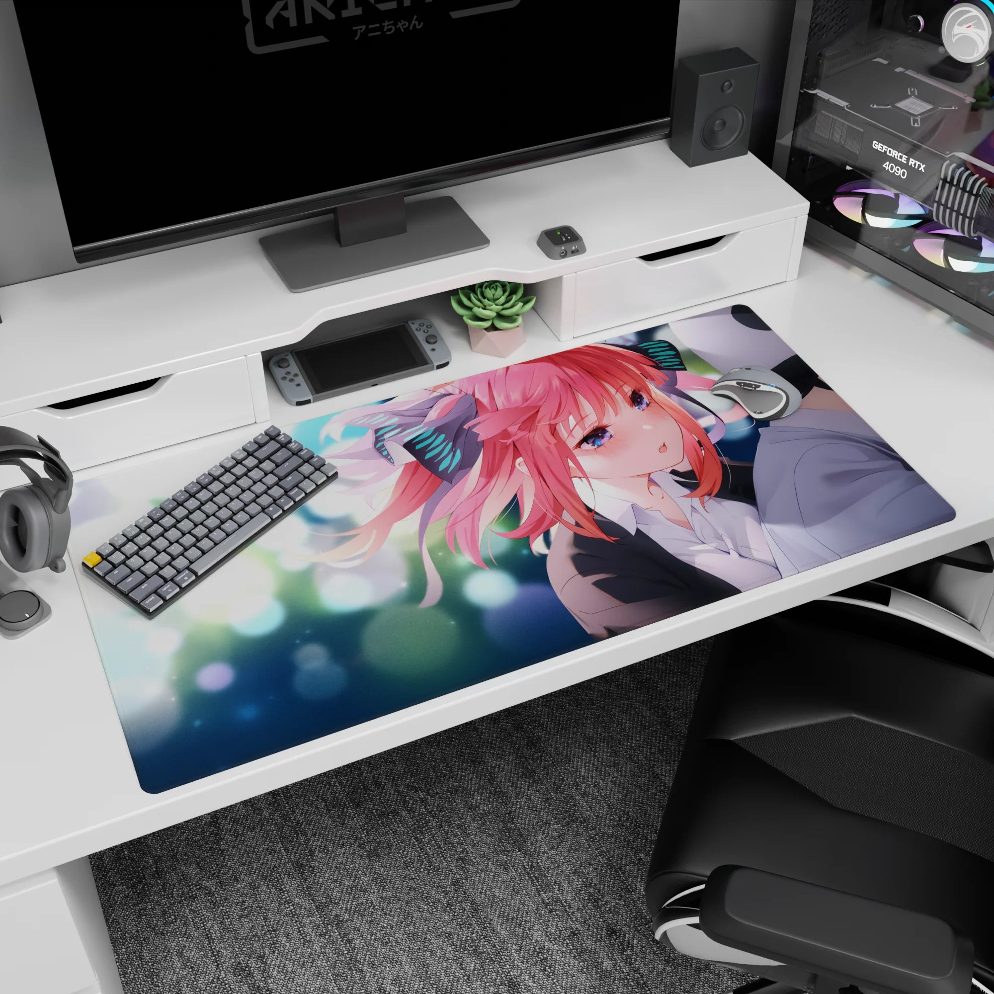40x20 inches anime girl desk pad featuring shy close-up pink-haired girl with big bows and blue eyes.