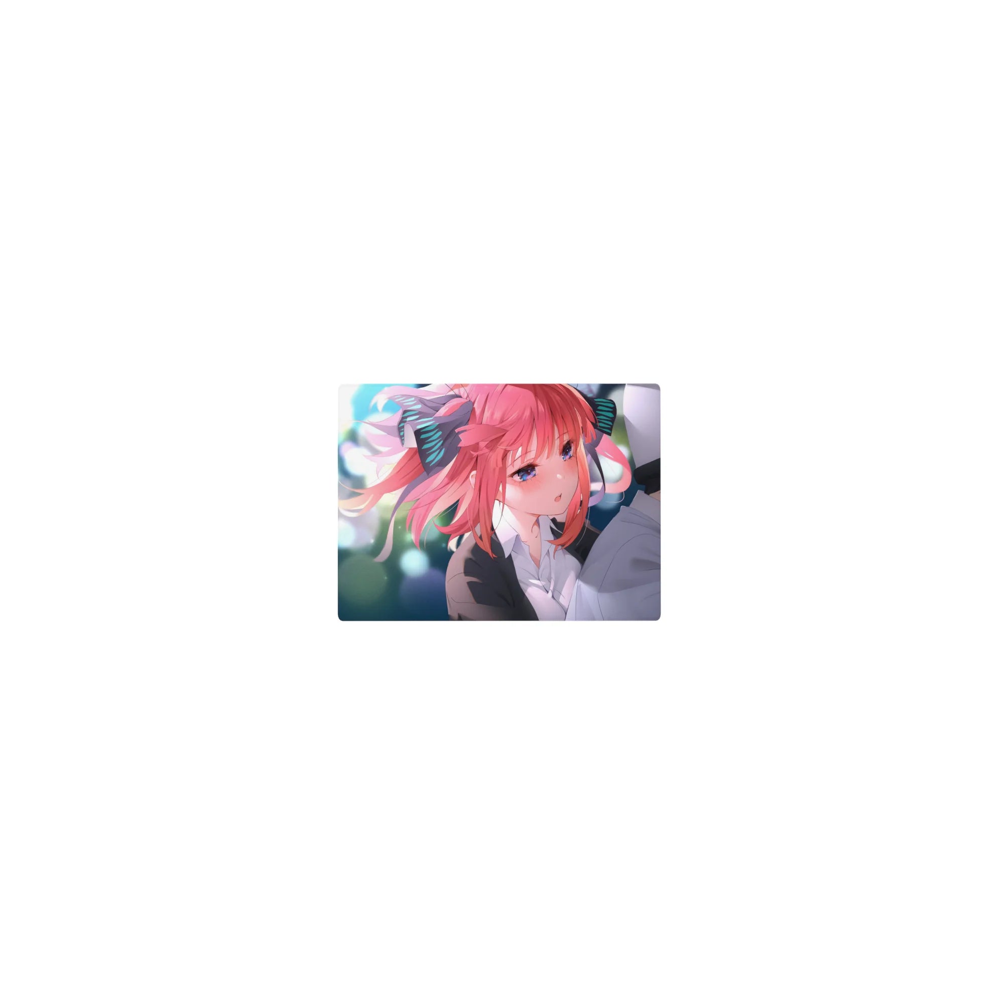 Classic anime girl mouse pad 14x10 inches with pink hair, big ribbons, glossy blue eyes, soft romance art.