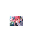 Classic anime girl mouse pad 14x10 inches with pink hair, big ribbons, glossy blue eyes, soft romance art.