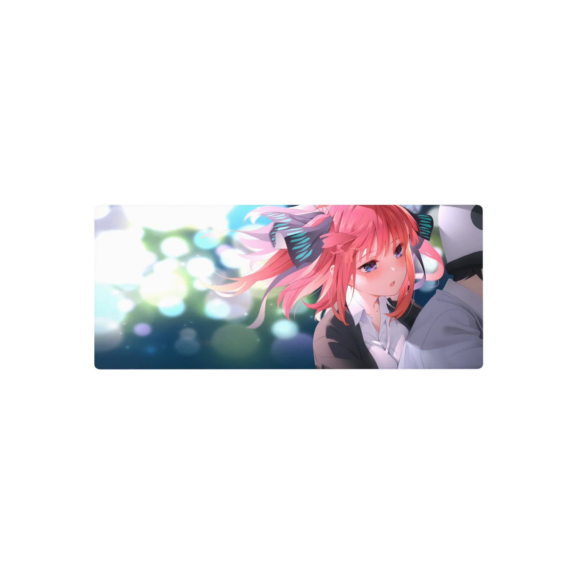 28x12 inches anime girl mouse pad with pink-haired ribbon girl, glossy blue eyes, dreamy bokeh backdrop.