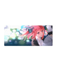 28x12 inches anime girl mouse pad with pink-haired ribbon girl, glossy blue eyes, dreamy bokeh backdrop.