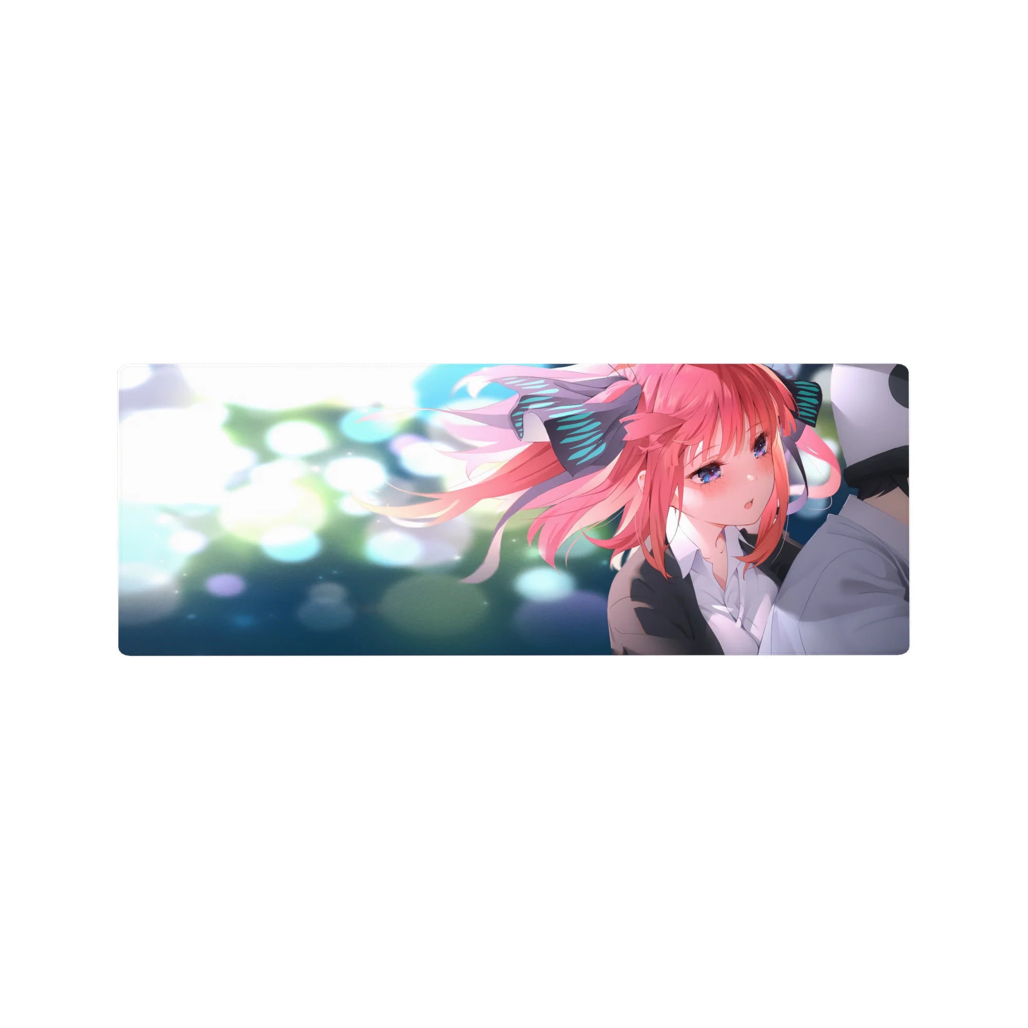 32x12 inches anime girl mouse pad with pink-haired ribbon character and dreamy bokeh sparkle background.