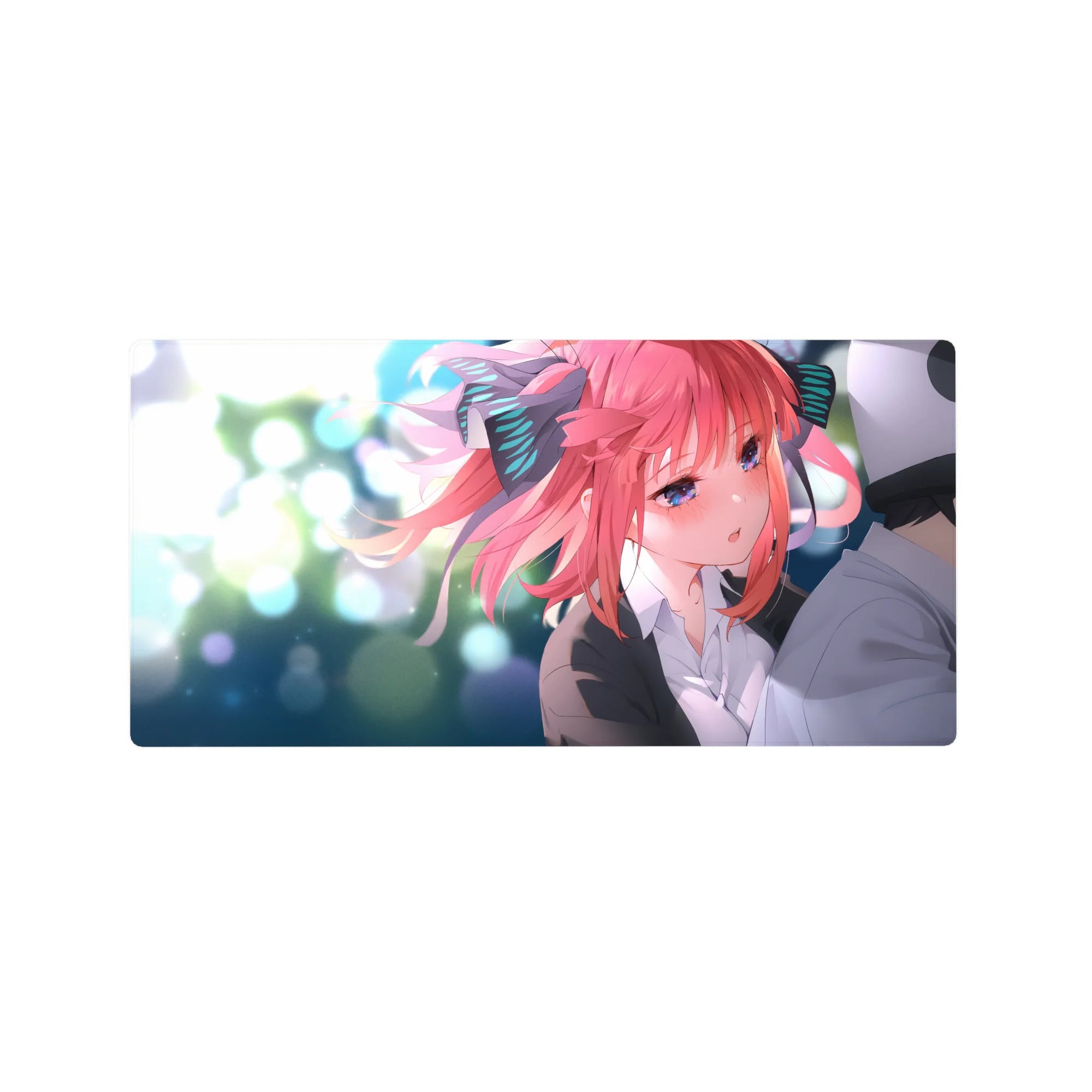 32x16 inches anime girl mouse pad with pink-haired girl, big ribbons, glossy blue eyes, bokeh lights.