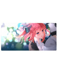 32x16 inches anime girl mouse pad with pink-haired girl, big ribbons, glossy blue eyes, bokeh lights.