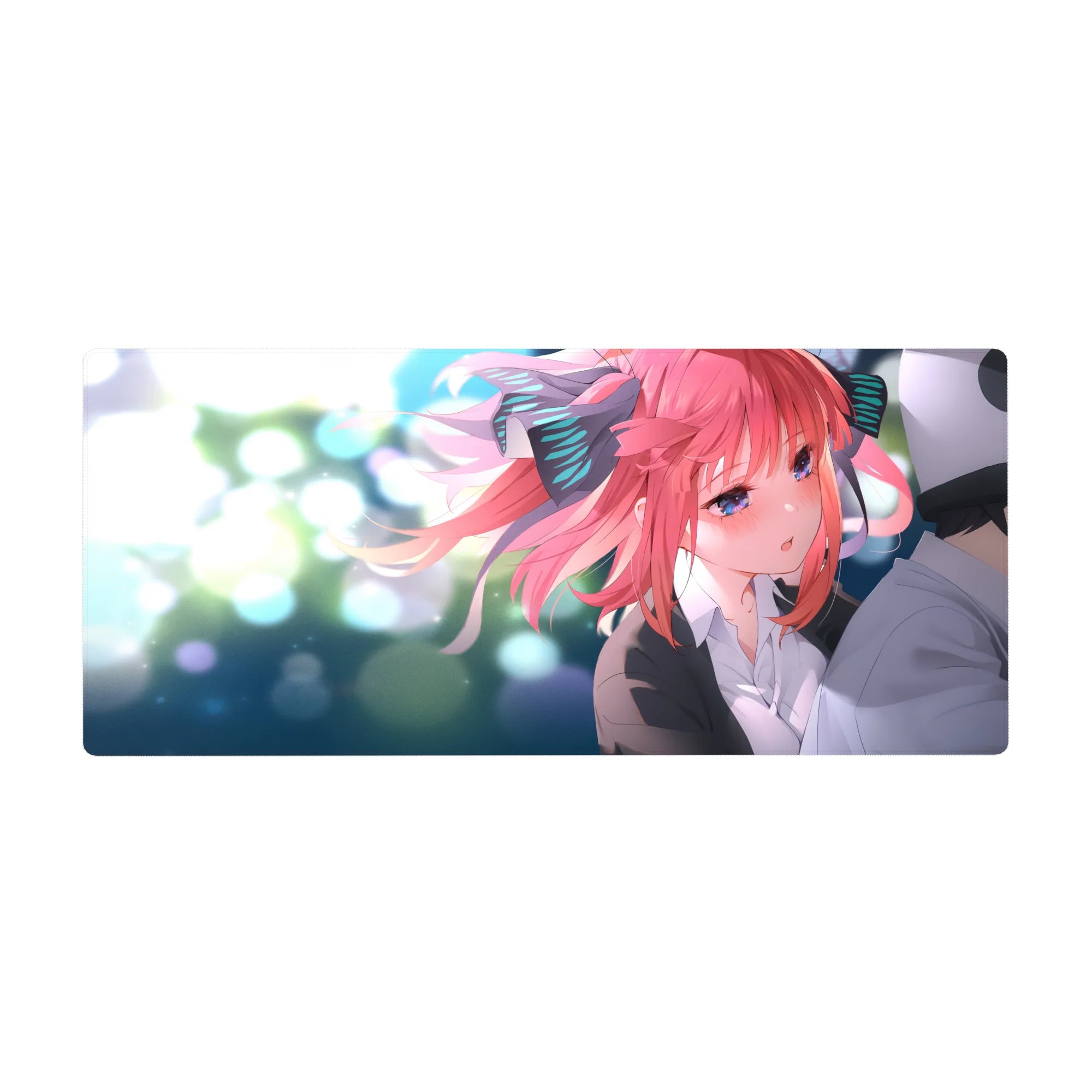 Anime girl desk pad 36x16 inches with pink-haired character, ribbon details, and glossy blue eyes.