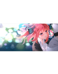 Anime girl desk pad 36x16 inches with pink-haired character, ribbon details, and glossy blue eyes.