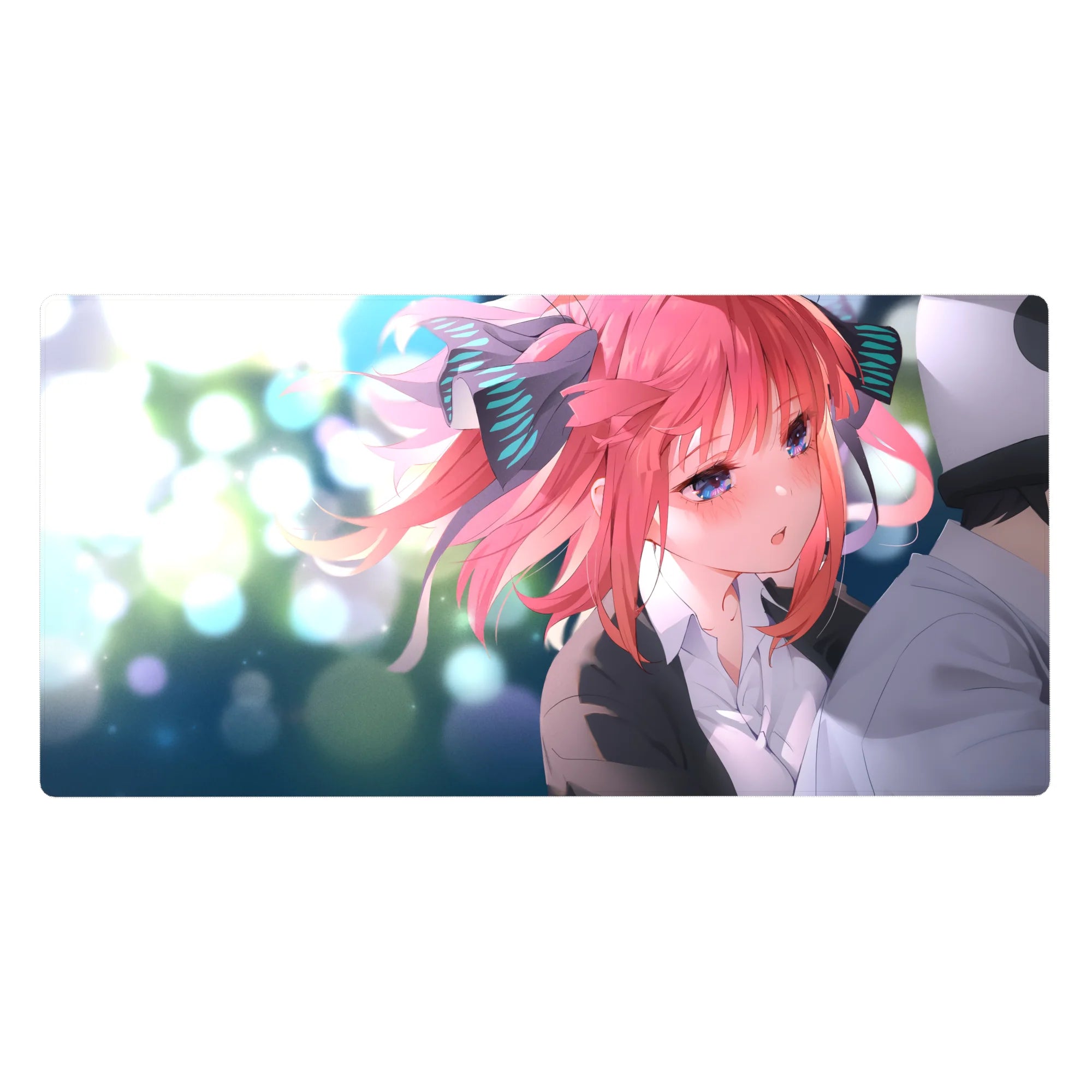 40x20 inches anime girl desk pad with pink-haired ribbon girl, glossy blue eyes, dreamy bokeh background.