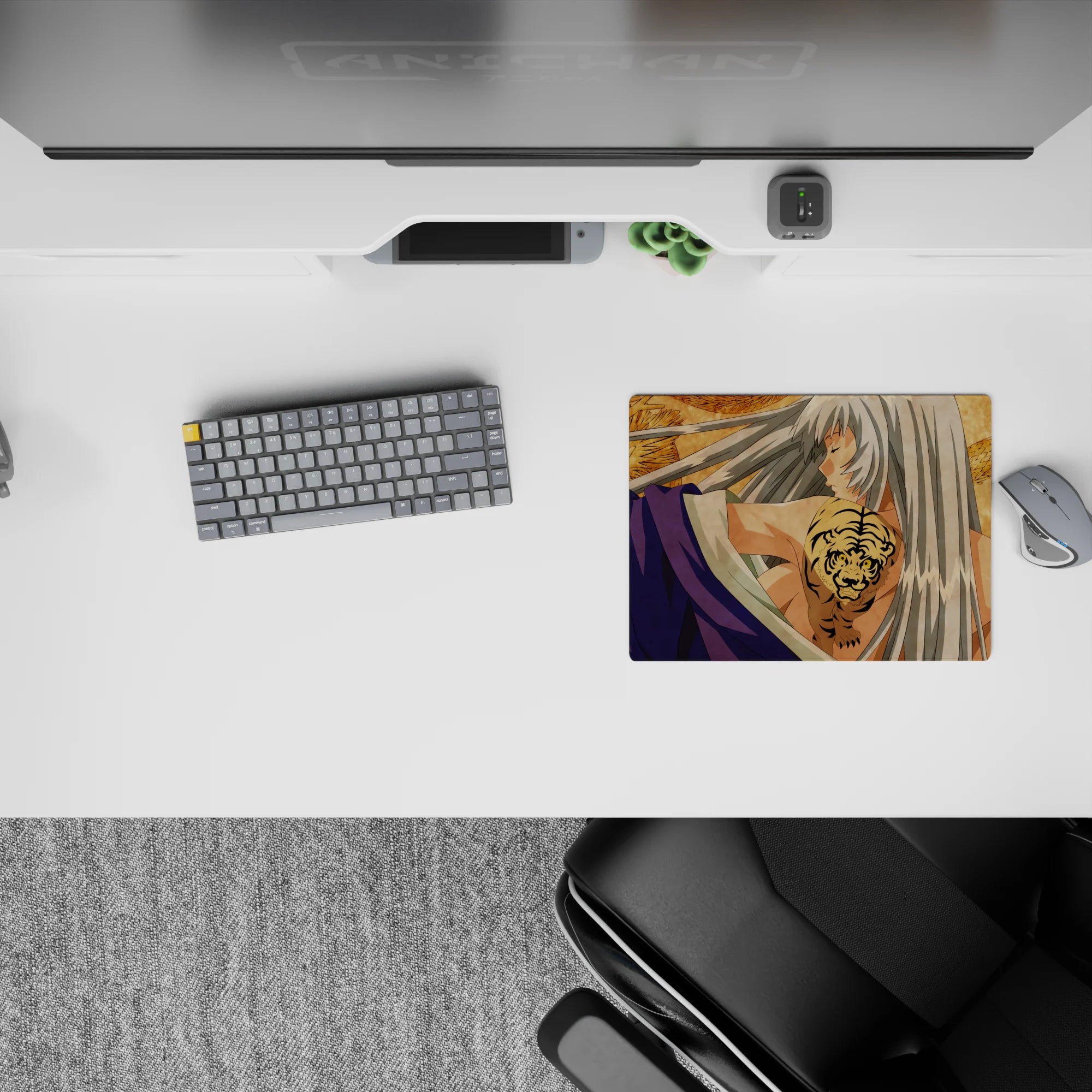 Anime girl mouse pad 14x10 inches in parchment gold and violet tones, calm storm mood with smooth glide.