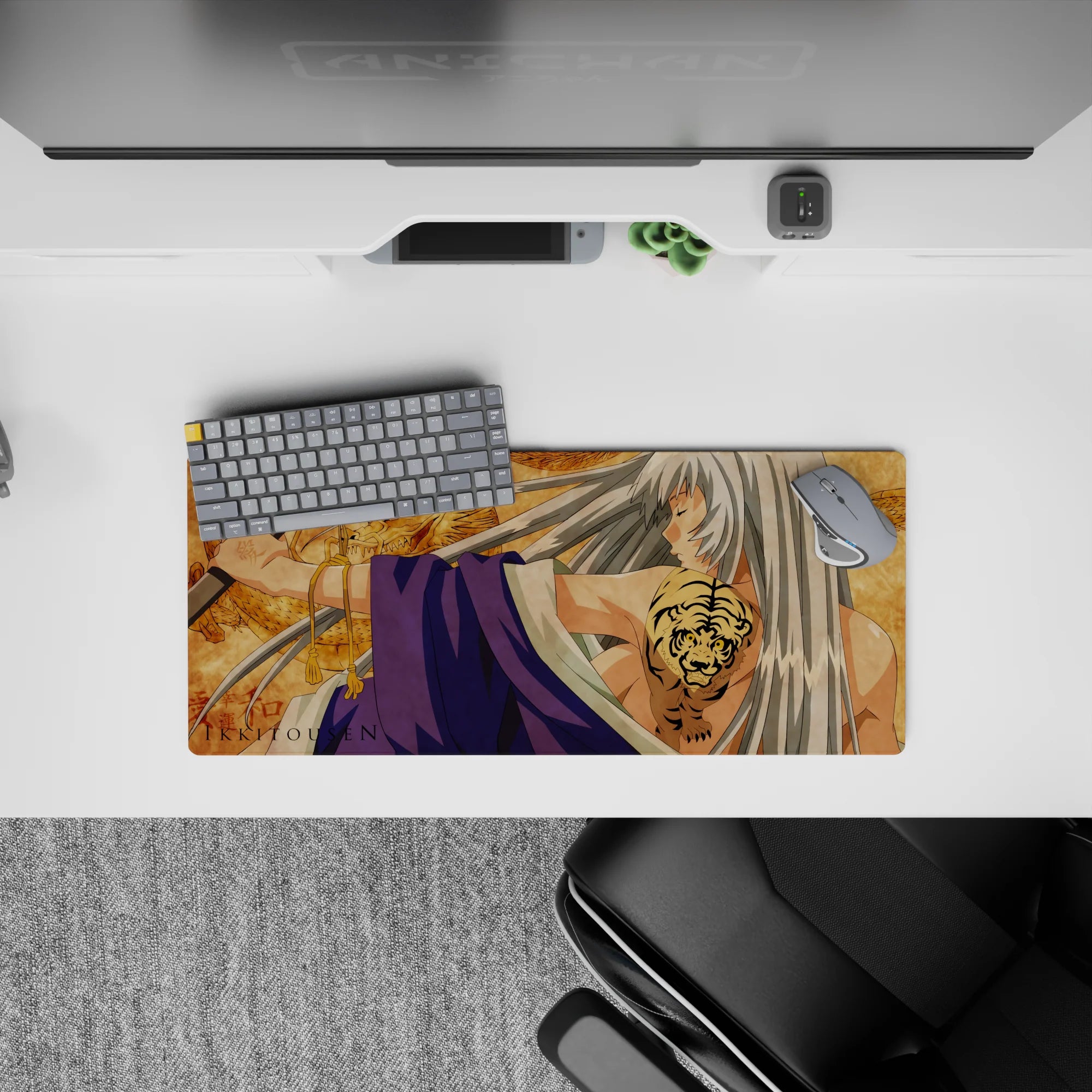 28x12 inches anime mouse pad in parchment gold and violet tones, calm storm mood with fierce dragon print.