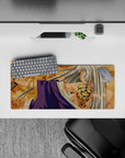 28x12 inches anime mouse pad in parchment gold and violet tones, calm storm mood with fierce dragon print.