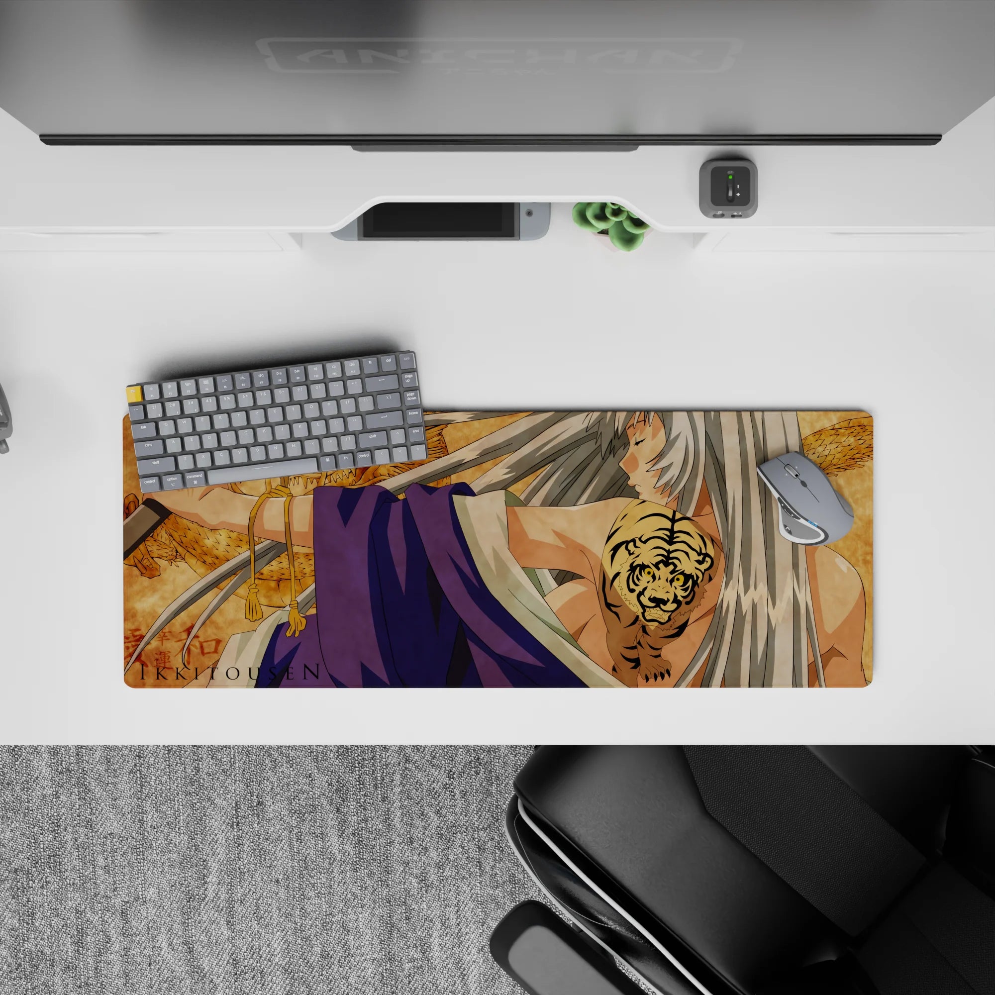 32x12 inches anime girl mouse pad in parchment gold and violet tones, calm yet dangerous vibe, smooth desk mat.