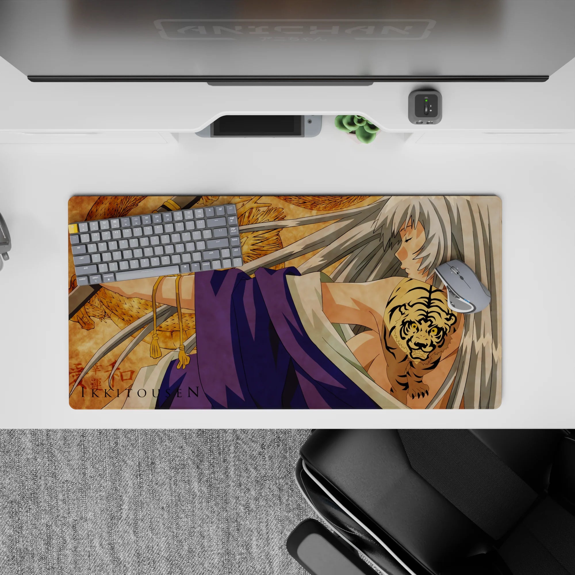 Anime girl mouse pad 32x16 inches in parchment gold and violet tones, calm storm mood, smooth desk aesthetic.