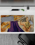 Anime girl mouse pad 32x16 inches in parchment gold and violet tones, calm storm mood, smooth desk aesthetic.