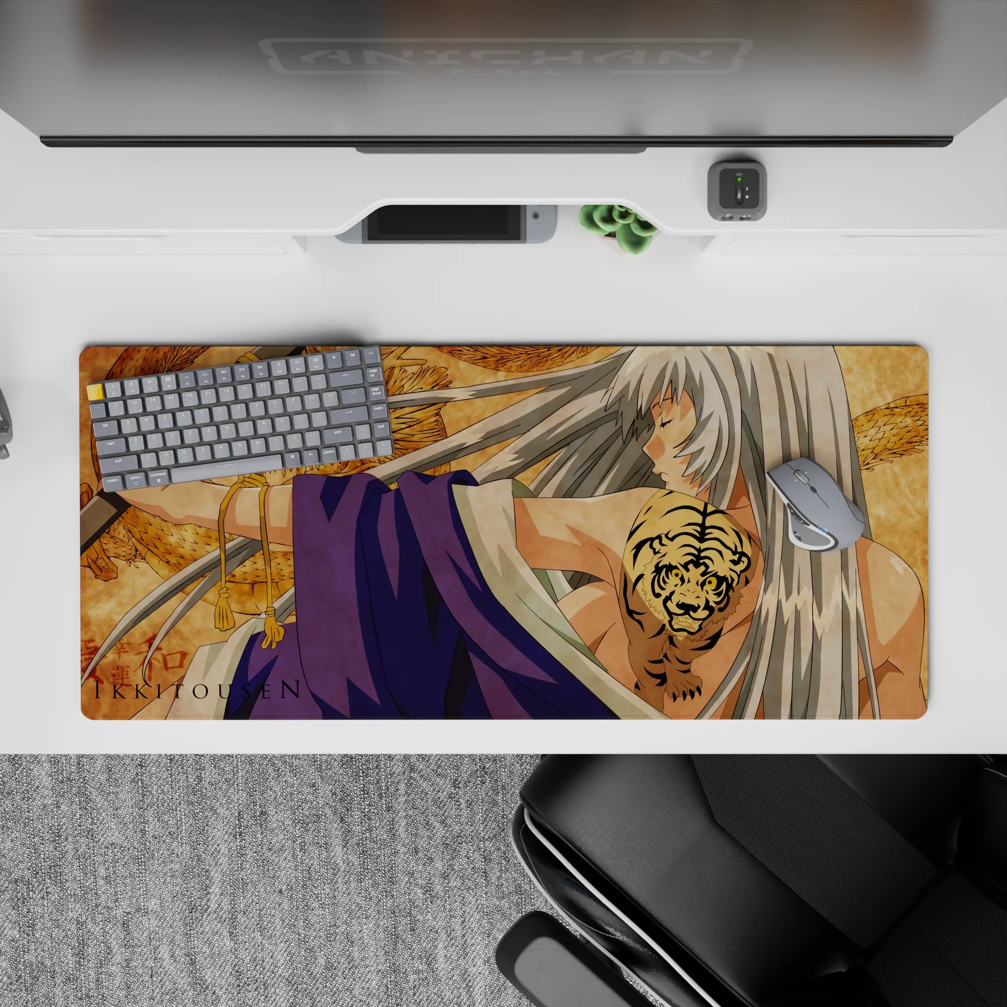 36x16 inches anime desk pad in warm parchment gold with fierce dragon pattern and calm storm vibe.