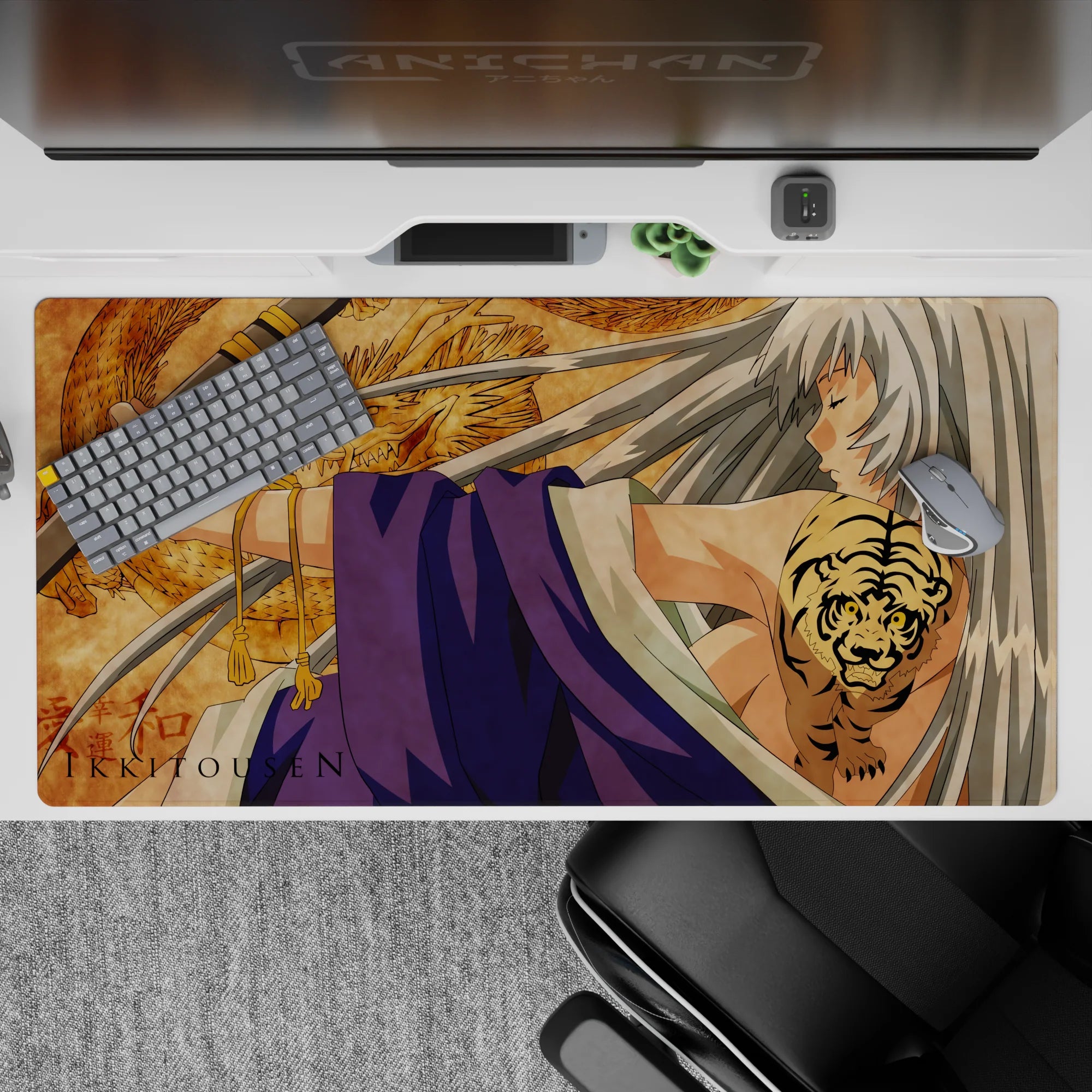 40x20 inches desk pad in parchment gold with fierce dragon pattern, calm storm vibe, smooth glide.