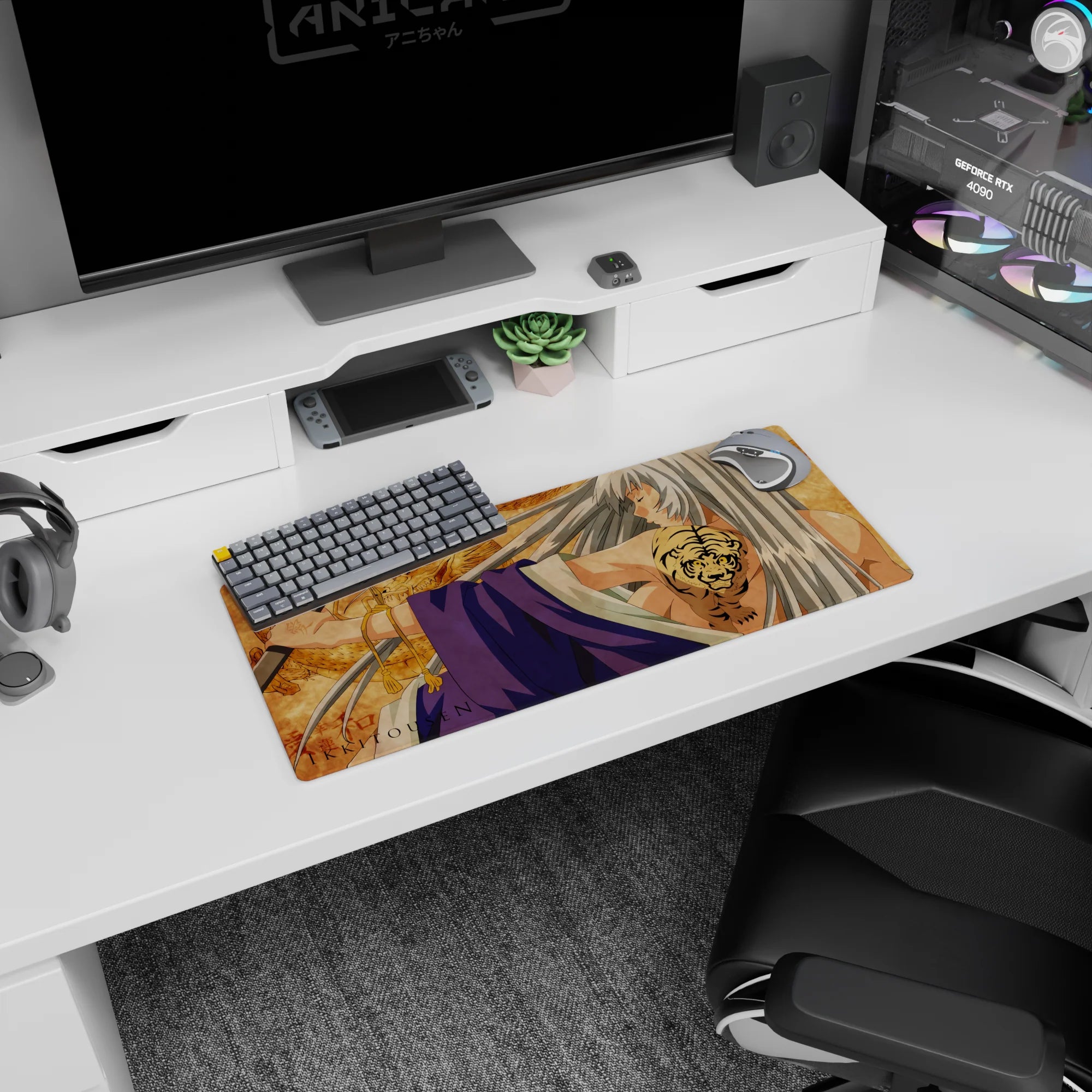 28x12 inches Ikki Tousen Kanu Unchou mouse pad, eyes closed, silver hair flowing, untouchable vibe.
