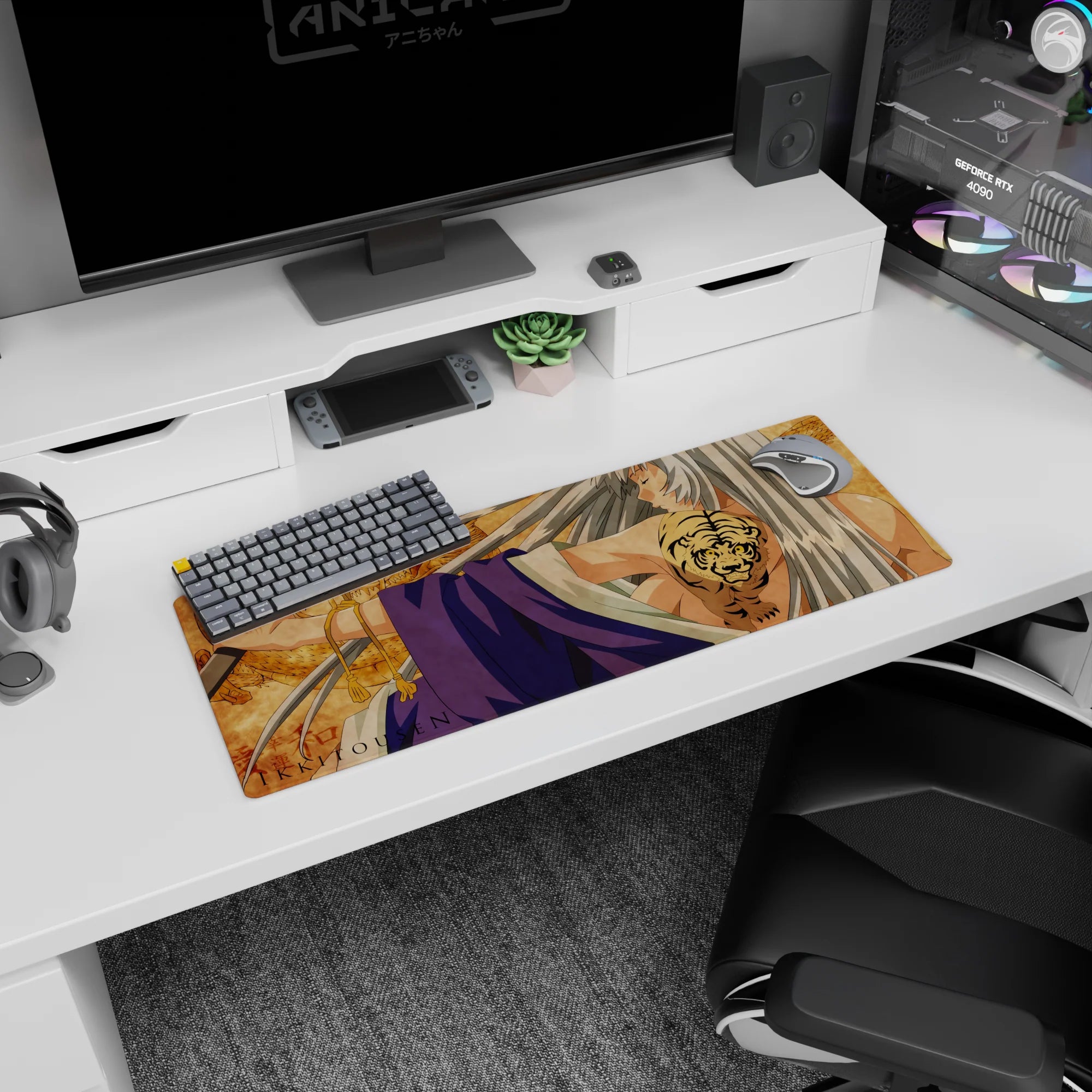 32x12 inches Ikki Tousen Kanu Unchou mouse pad, eyes closed, violet wraps, silver hair, tiger tattoo.
