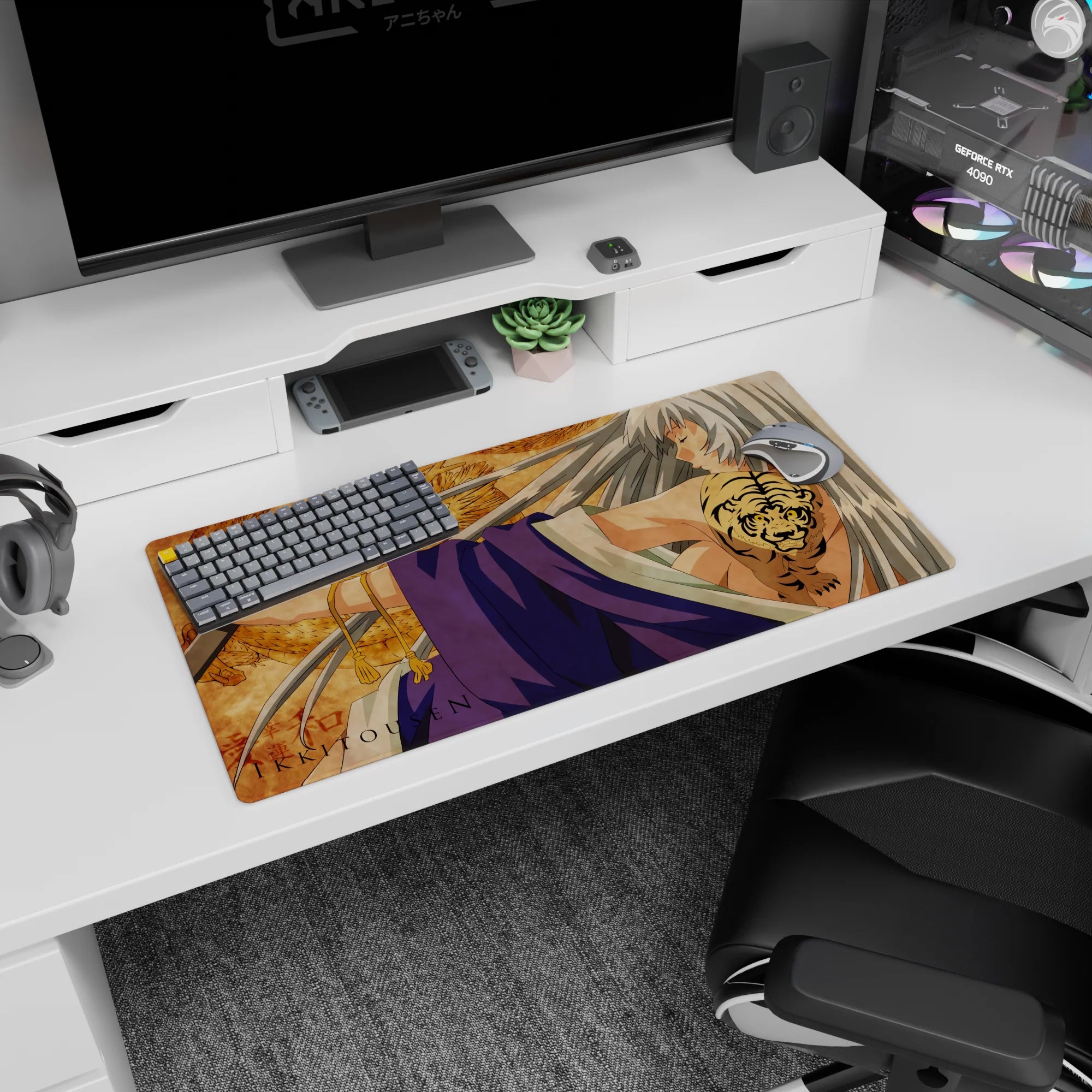 Ikki Tousen Kanu Unchou anime girl mouse pad 32x16 inches, eyes closed, untouchable vibe on dragon pattern.
