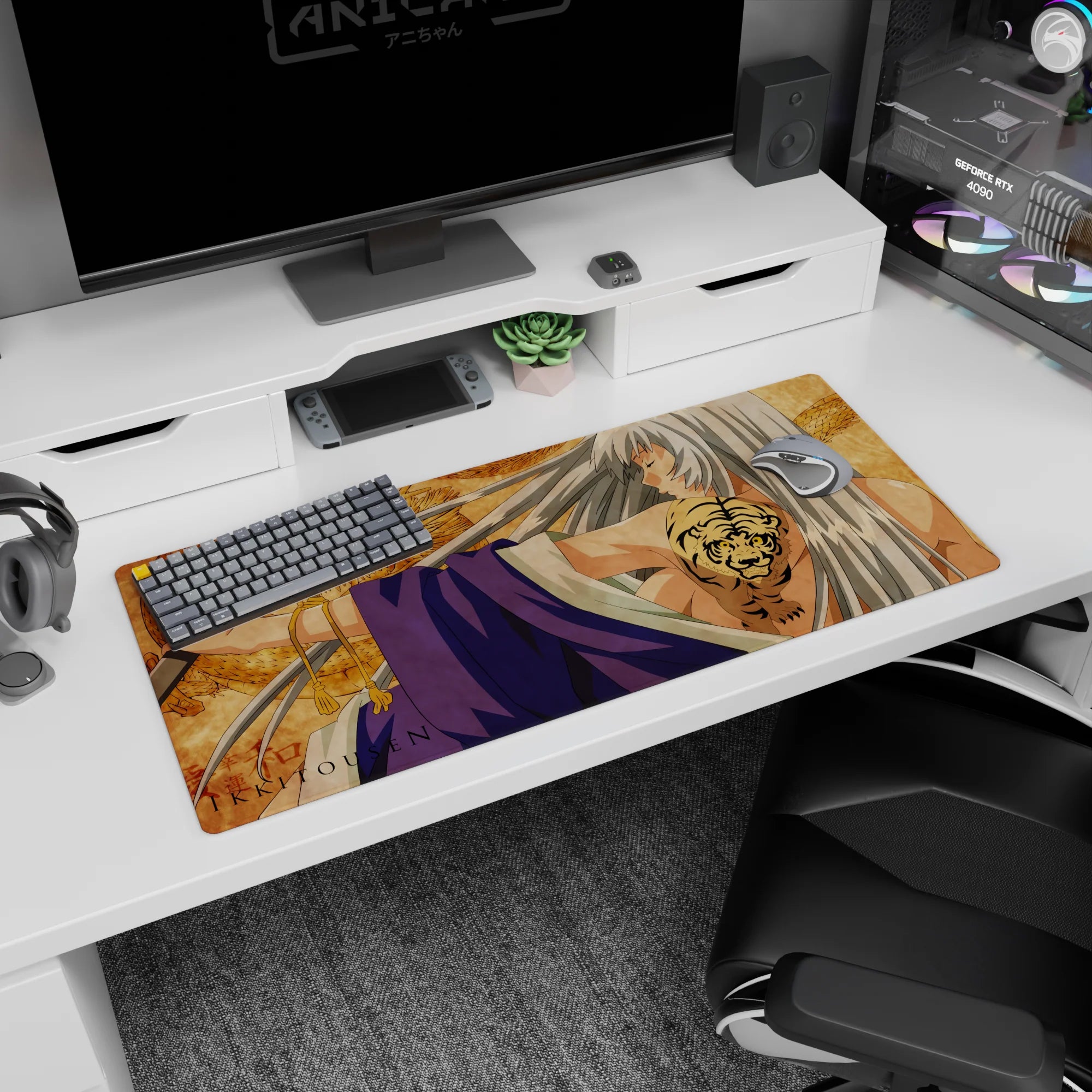 Ikki Tousen Kanu Unchou 36x16 inches desk pad, eyes closed, silver hair, violet wraps, tiger tattoo.