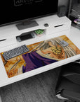 Ikki Tousen Kanu Unchou 36x16 inches desk pad, eyes closed, silver hair, violet wraps, tiger tattoo.