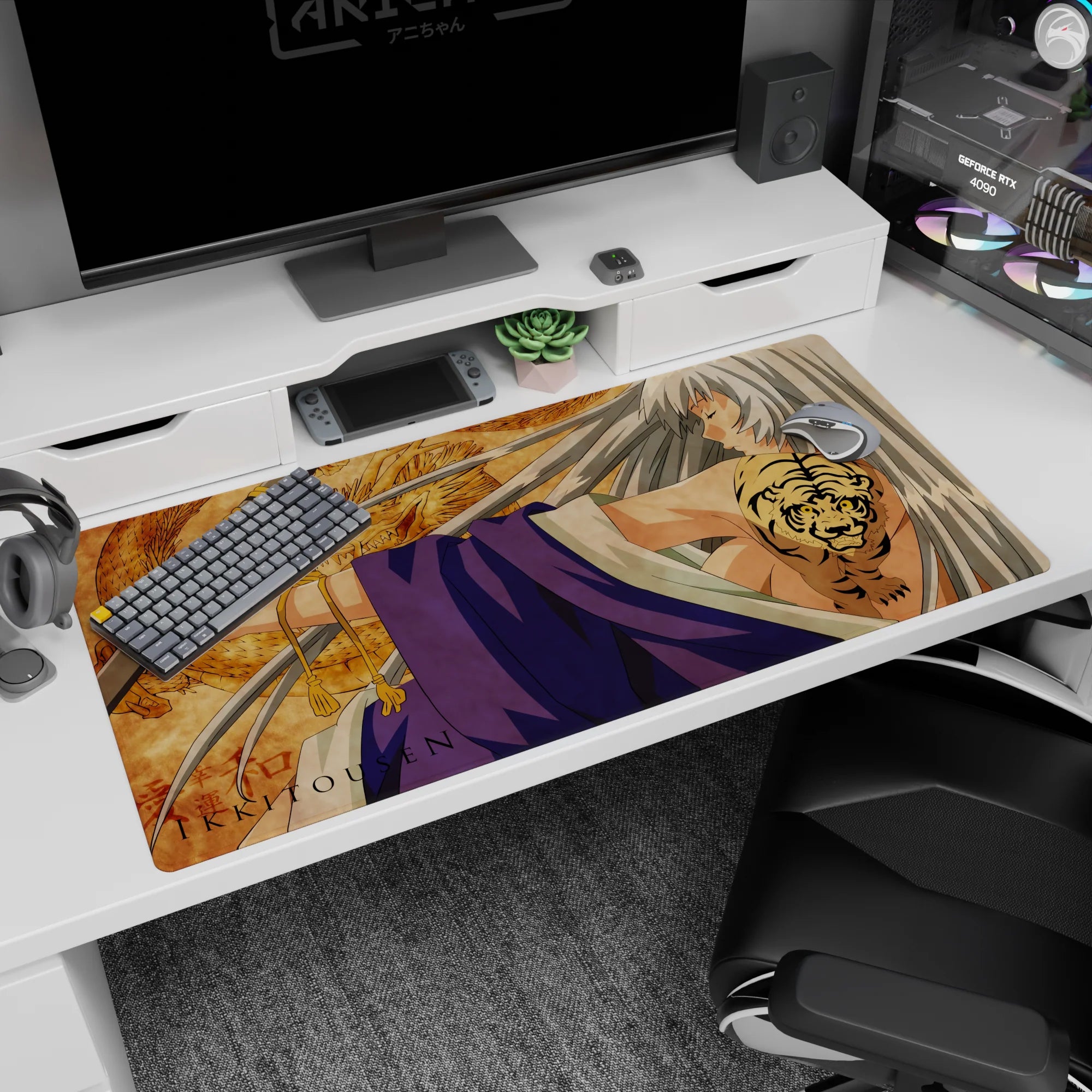 40x20 inches Ikki Tousen Kanu Unchou desk pad, eyes closed, untouchable pose, tiger tattoo detail.