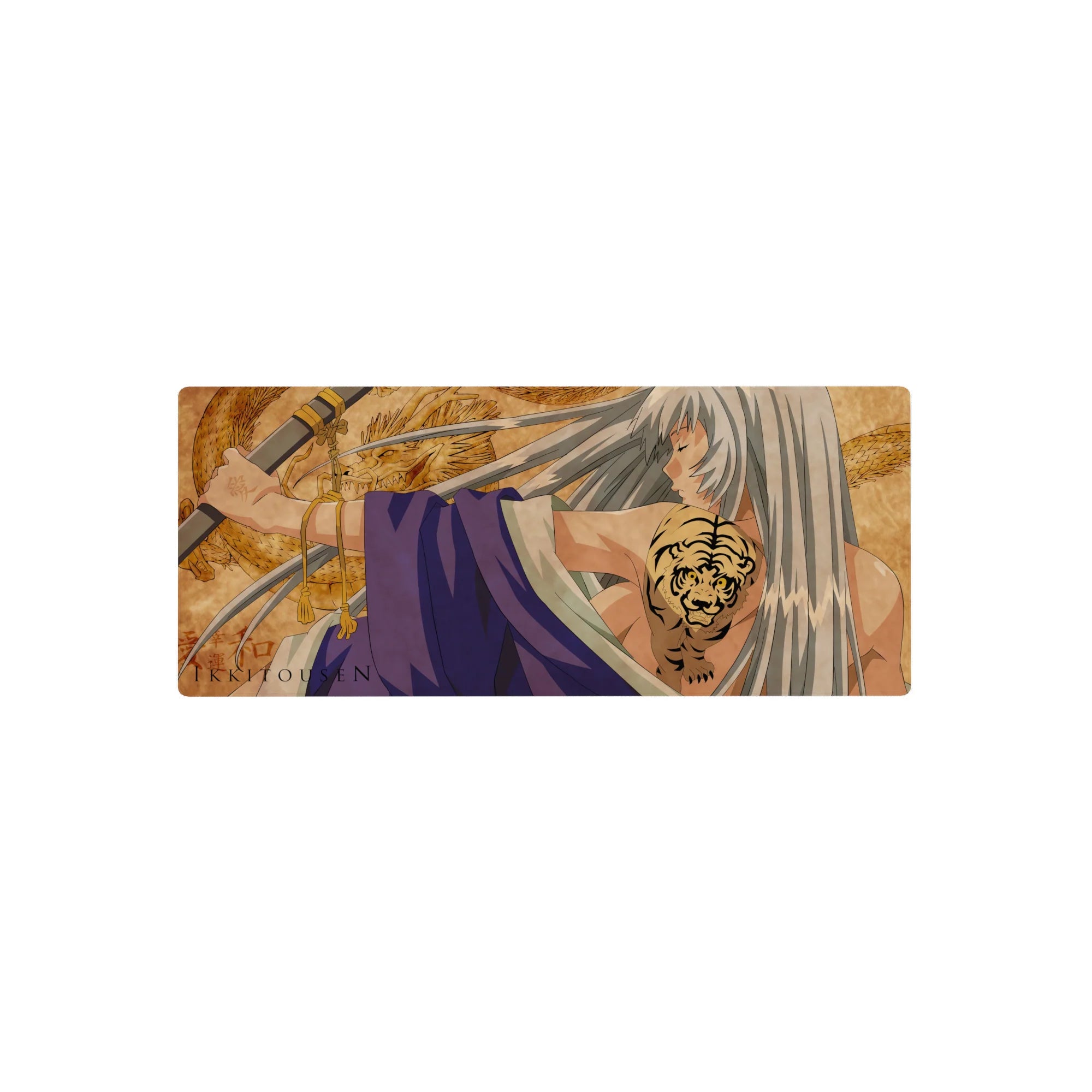 28x12 inches anime girl mouse pad with silver-haired warrior, dragon backdrop, violet wraps, tiger tattoo.