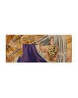 28x12 inches anime girl mouse pad with silver-haired warrior, dragon backdrop, violet wraps, tiger tattoo.
