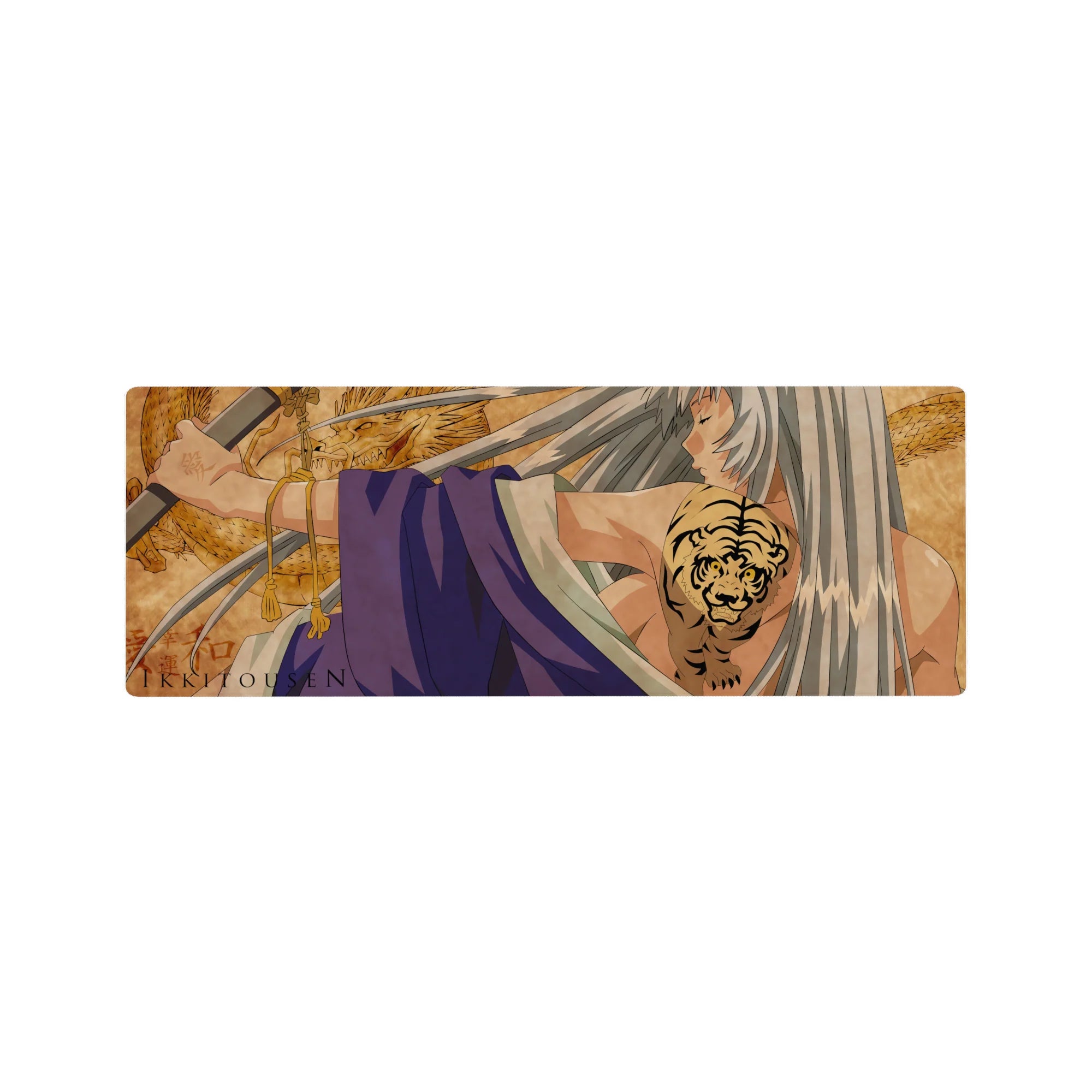 32x12 inches anime girl mouse pad with dragon backdrop, silver hair warrior art and tiger tattoo detail.