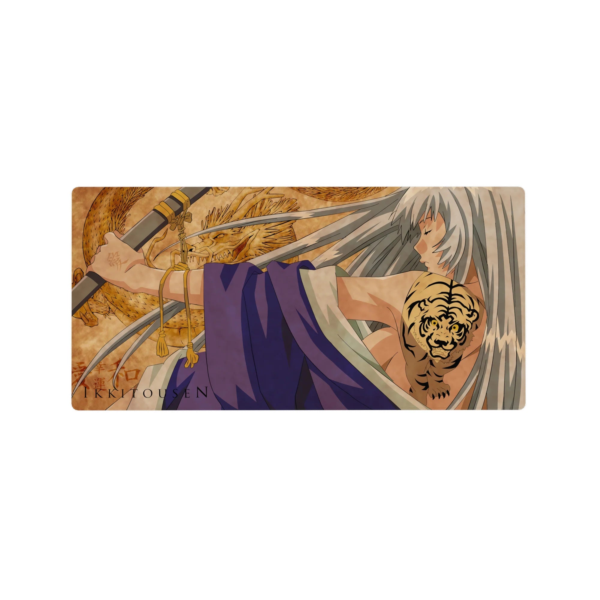 Anime girl mouse pad 32x16 inches with dragon backdrop, silver hair, violet wraps, and tiger tattoo art.