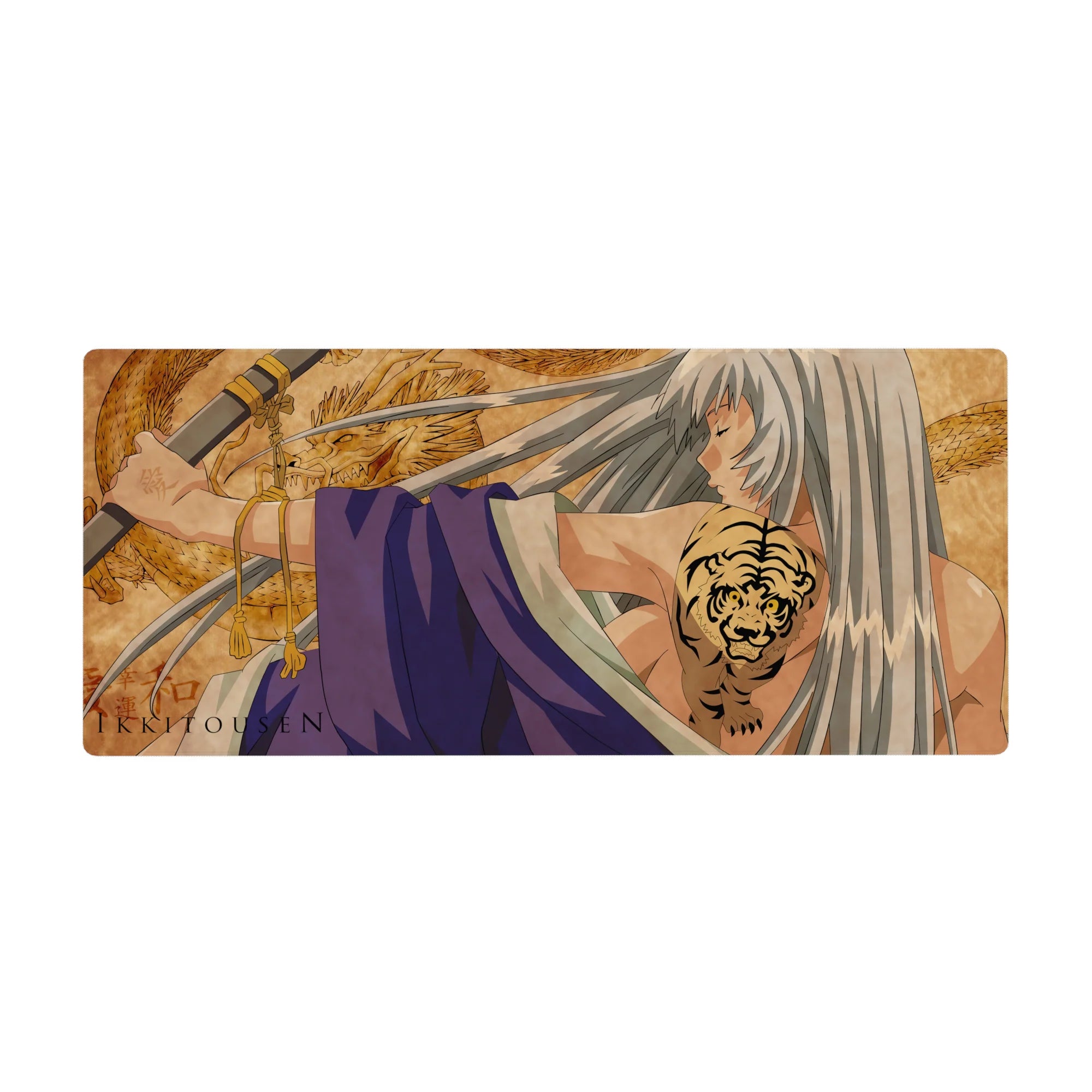 Anime girl desk pad 36x16 inches with dragon backdrop, silver hair, violet wraps, and tiger tattoo art.