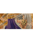 Anime girl desk pad 36x16 inches with dragon backdrop, silver hair, violet wraps, and tiger tattoo art.