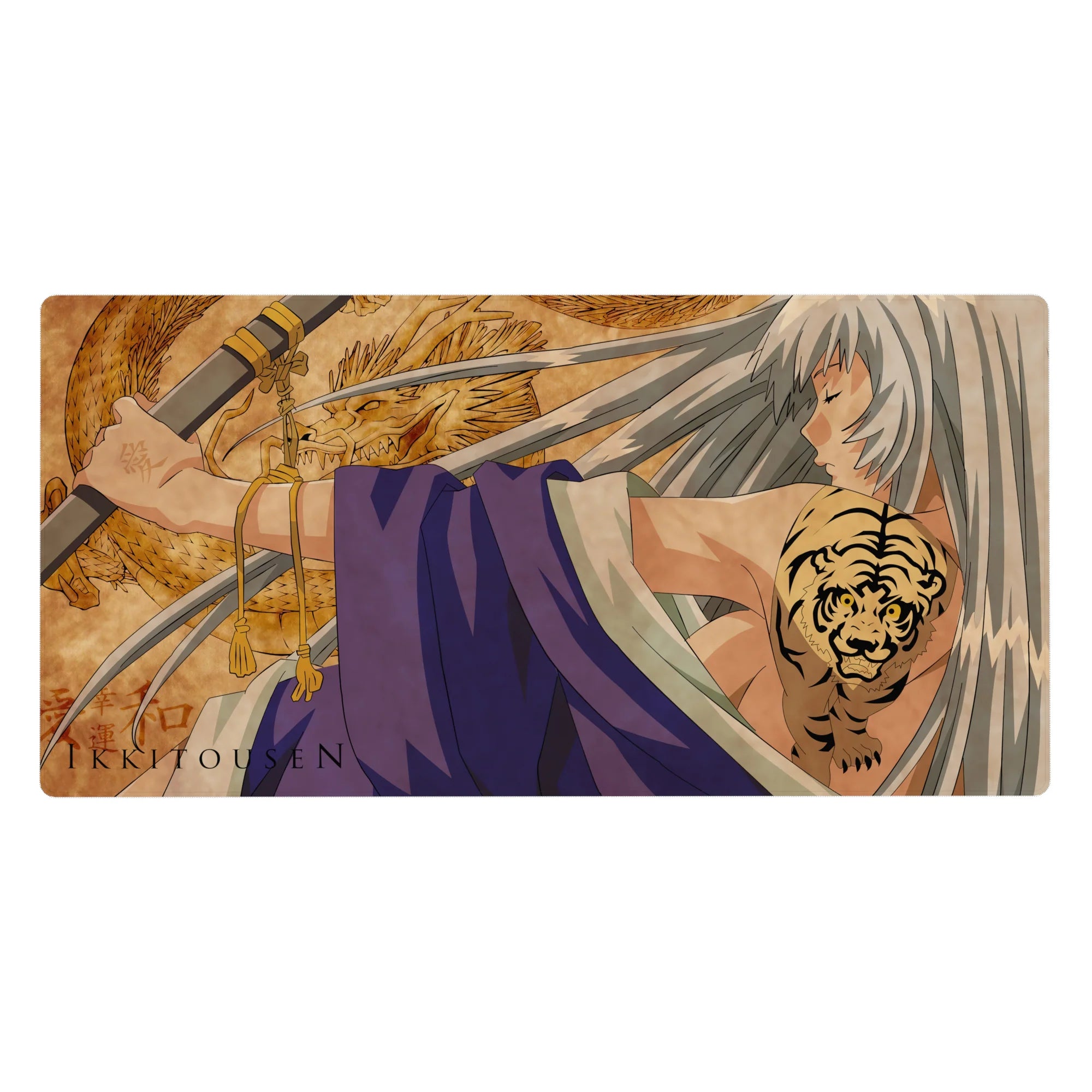 40x20 inches anime girl desk pad with silver-haired warrior, dragon backdrop, violet wraps, tiger tattoo.