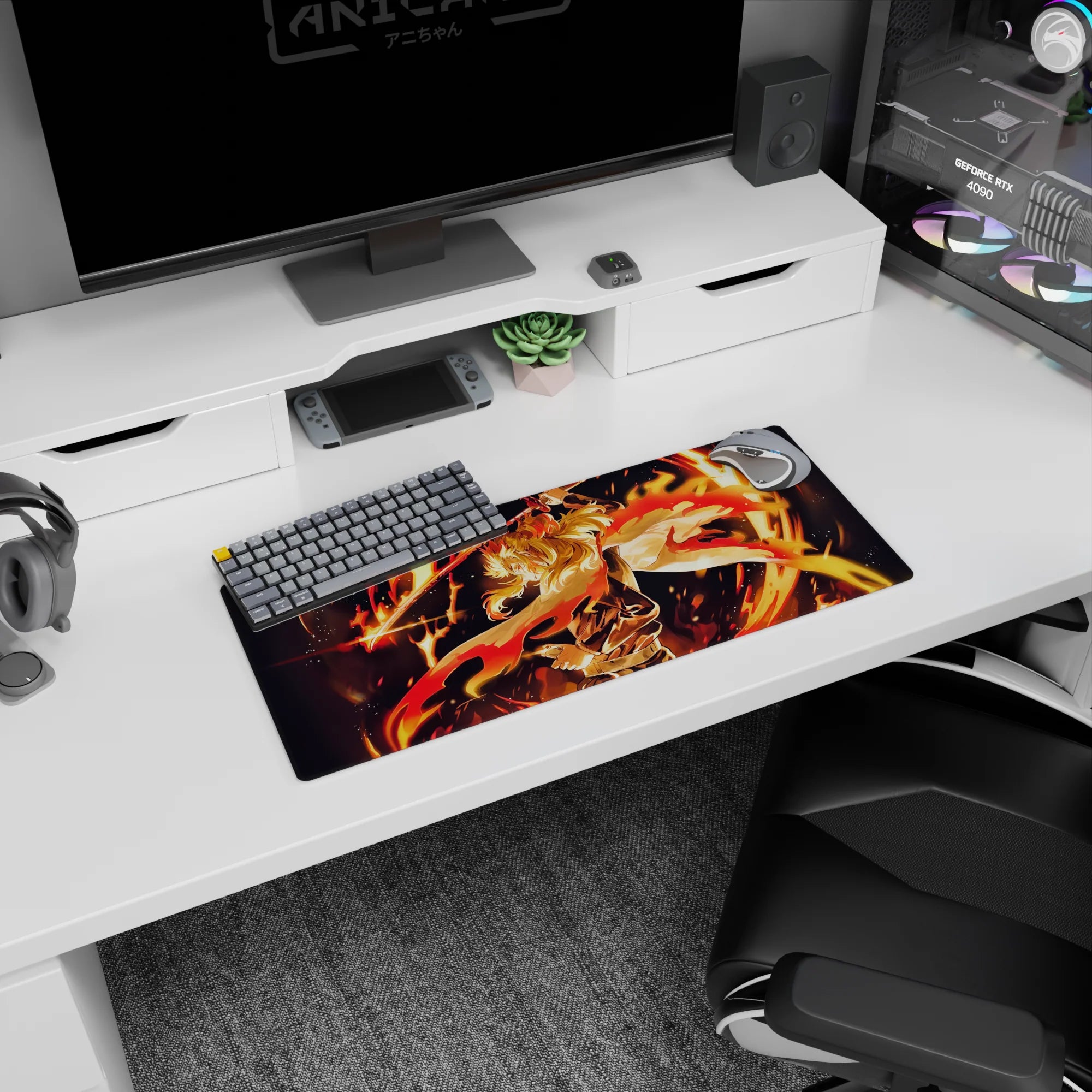 Rengoku Demon Slayer anime mouse pad, 28x12 inches, featuring fiery action scene with golden flames and sword in motion.
