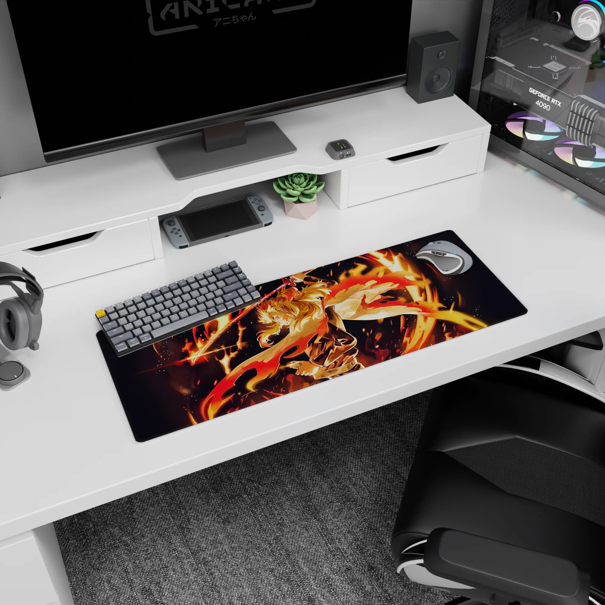 Rengoku on 32x12 inch Demon Slayer mouse pad, ablaze with fiery colors, capturing heroic and fierce energy.