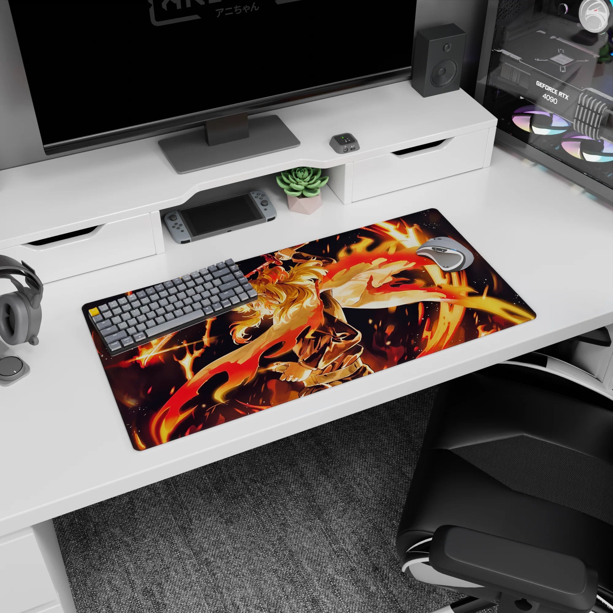 Anime mouse pad featuring Rengoku from Demon Slayer, size 32x16 inches, vibrant flames and dynamic action scene.