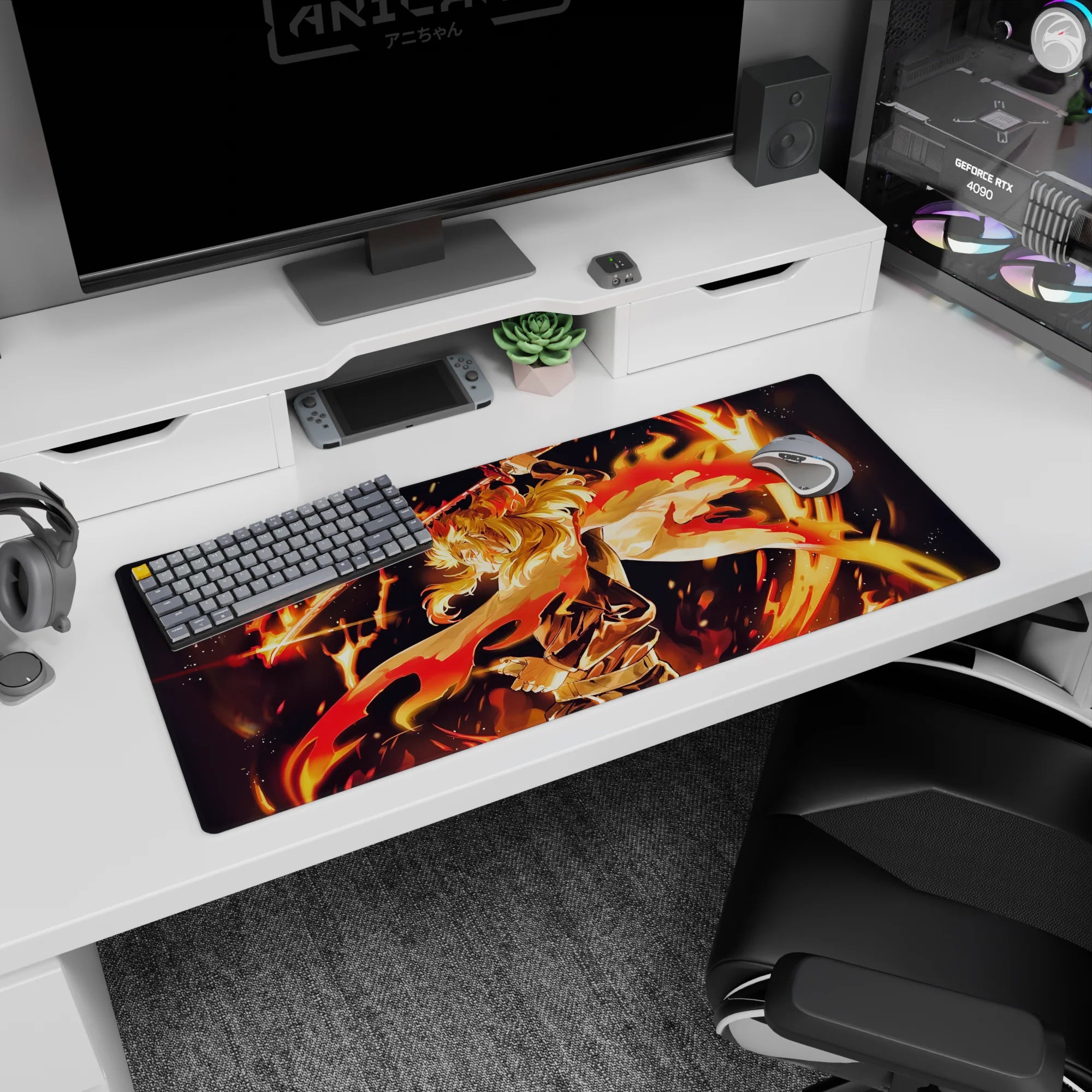 Rengoku Demon Slayer desk pad 36x16 inches featuring fiery design with Rengoku's golden hair and blazing sword.