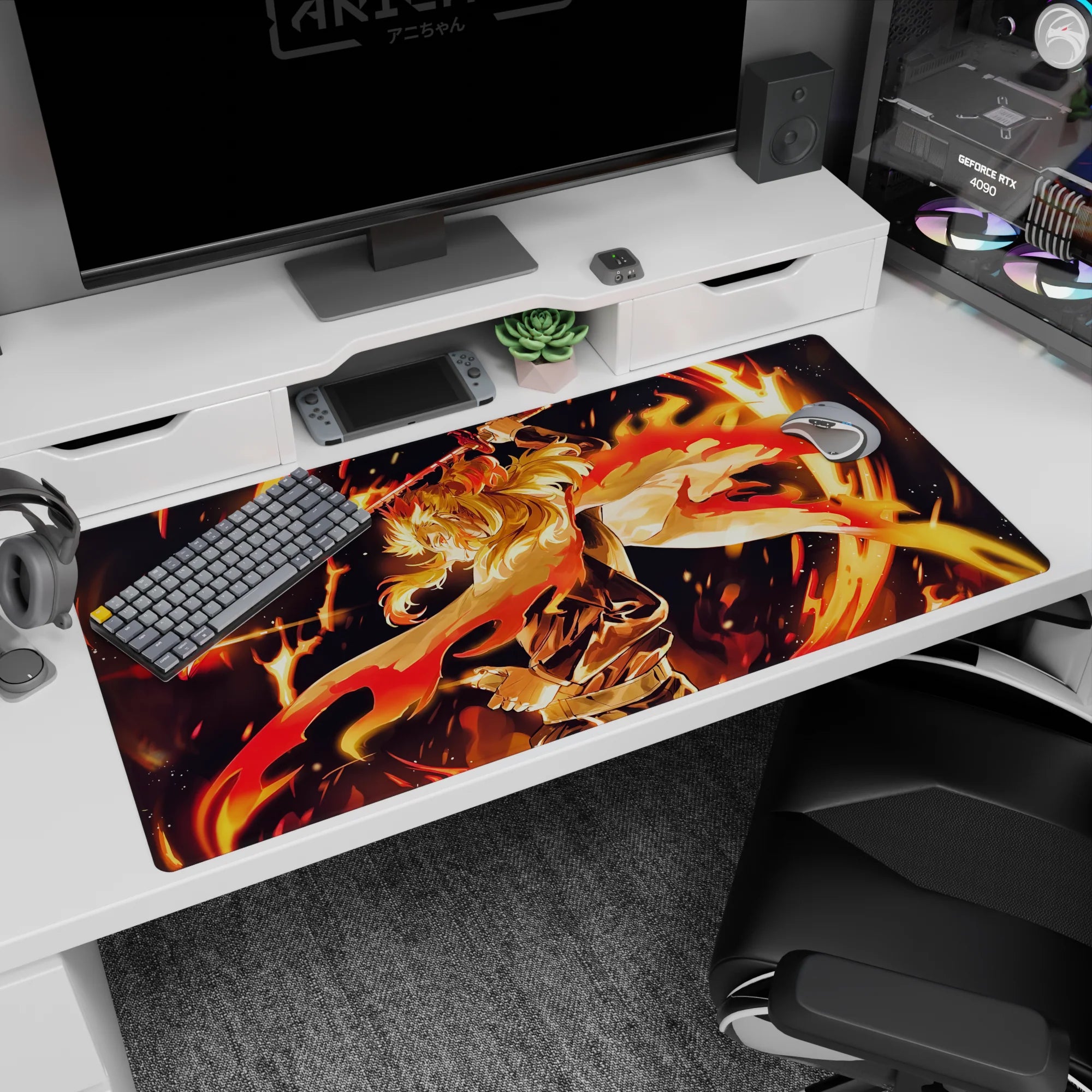 Anime mouse pad 40x20 inches featuring Rengoku from Demon Slayer, showcasing his fiery energy with vibrant orange, red, and gold.