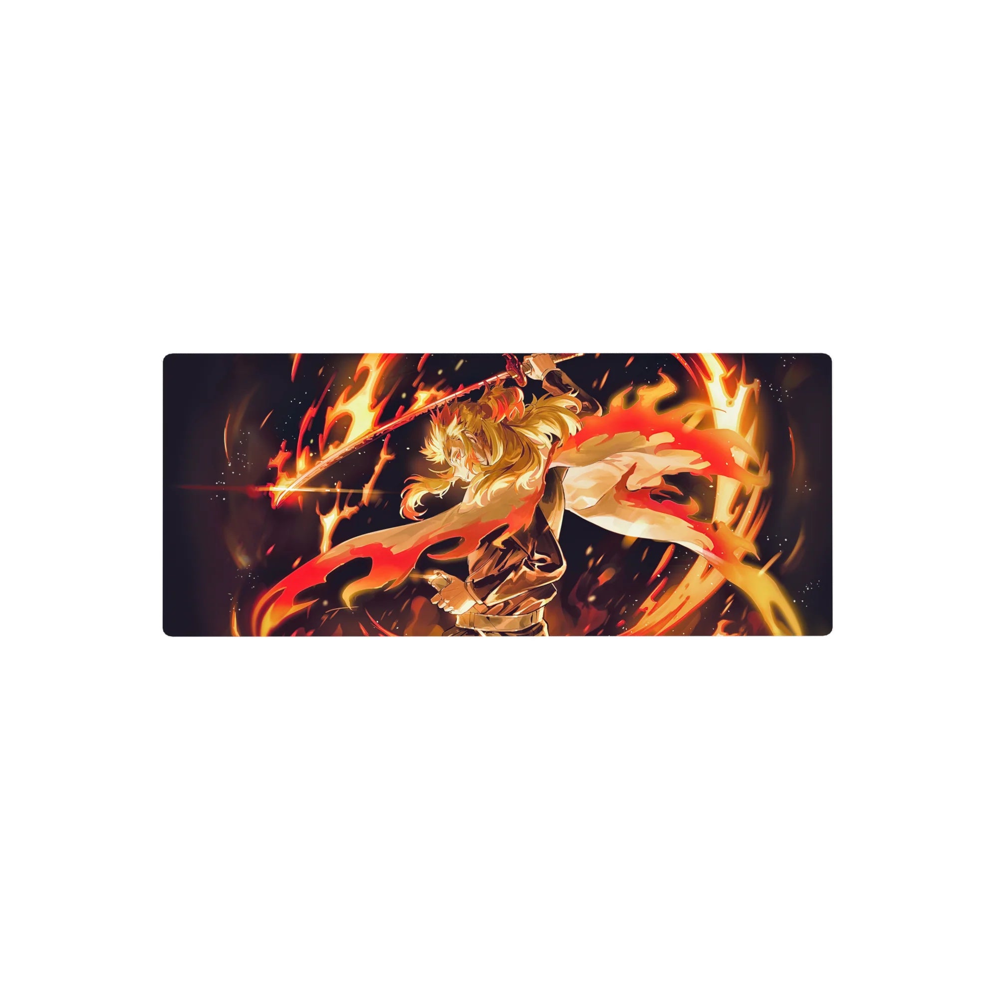 Anime mouse pad 28x12 inches featuring Rengoku from Demon Slayer, showcasing fiery hair, dynamic cloak, and blazing sword.